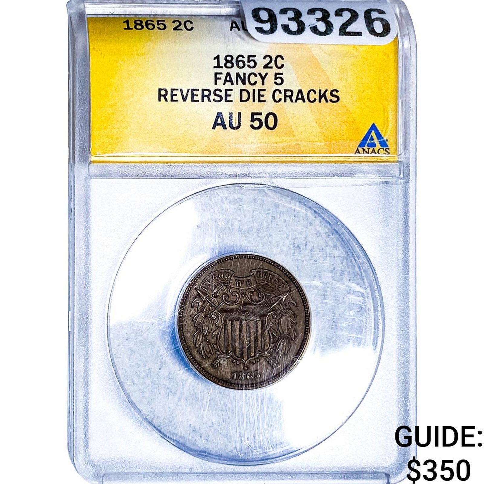 1865 Two Cent Piece ANACS AU50 Fancy 5: 1865 Two Cent Piece ANACS AU50 Fancy 5