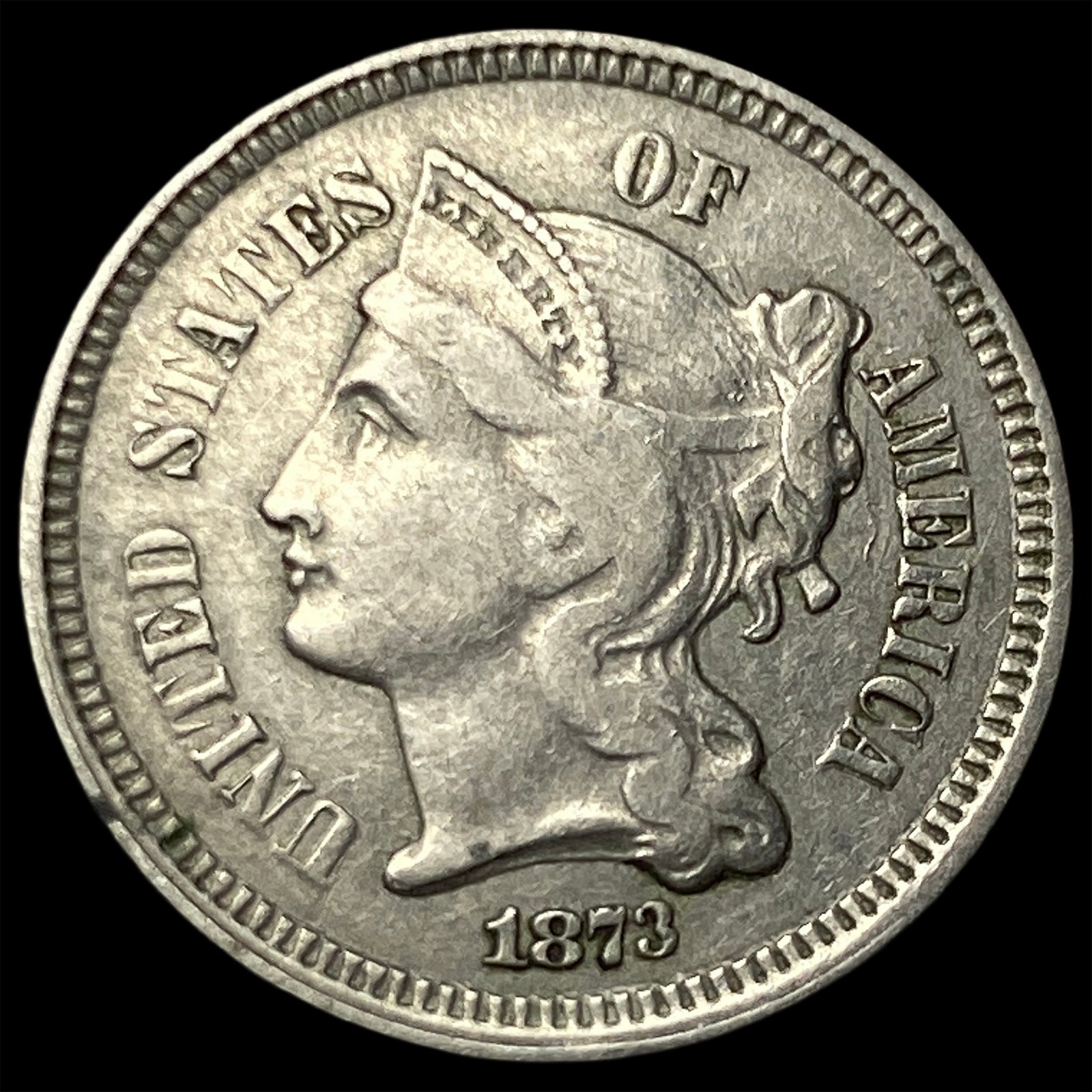 1873 Nickel Three-Cent Piece NEARLY UNCIRCULATED (1 of 2)
