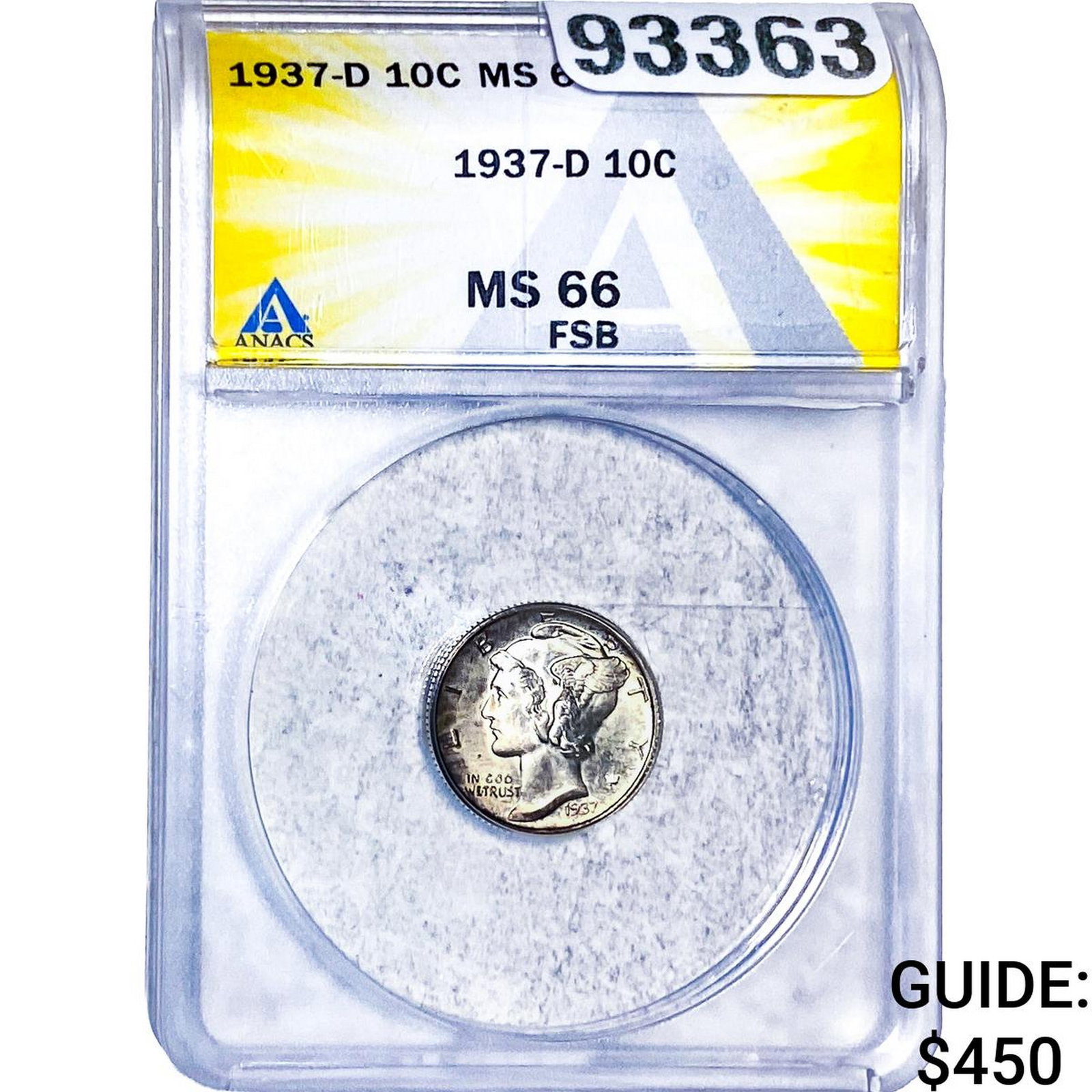 1937-D Mercury Silver Dime ANACS MS66 FSB: 1937-D Mercury Silver Dime ANACS MS66 FSB