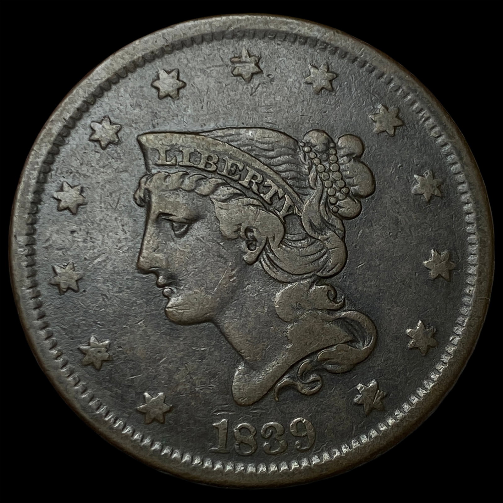 1839 Coronet Head Large Cent ABOUT UNCIRCULATED: 1839 Coronet Head Large Cent ABOUT UNCIRCULATED