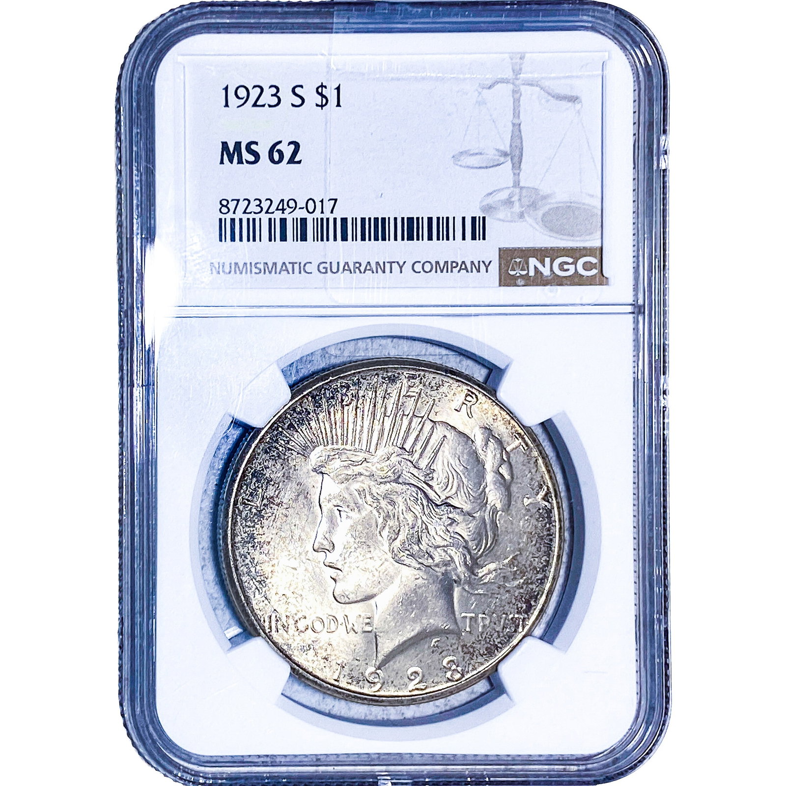 1923-S Silver Peace Dollar NGC MS62: 1923-S Silver Peace Dollar NGC MS62
