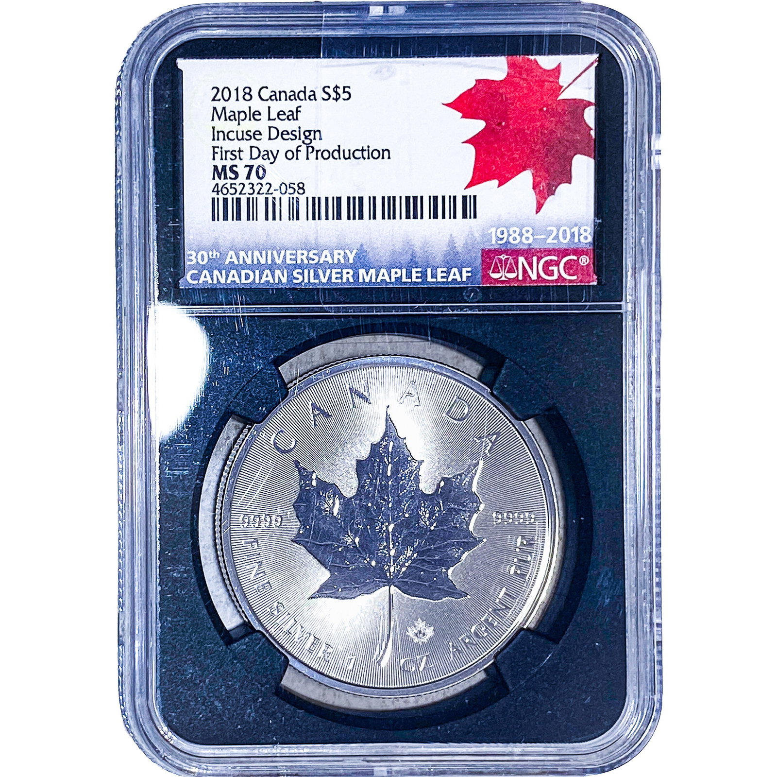 2018 Canada 1oz Silver $5 Mpale Leaf Incuse Design NGC MS70: 2018 Canada 1oz Silver $5 Mpale Leaf Incuse Design NGC MS70
