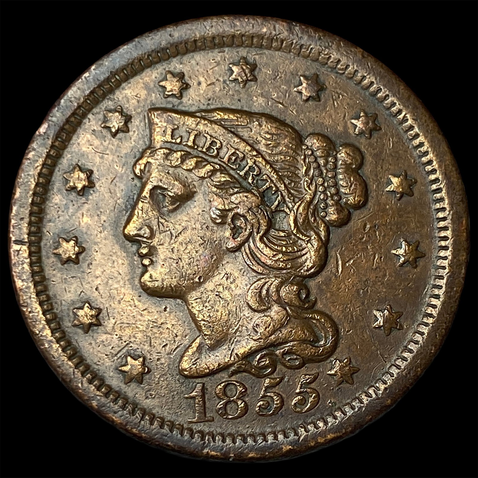 1855 Braided Hair Large Cent NEARLY UNCIRCULATED: 1855 Braided Hair Large Cent NEARLY UNCIRCULATED