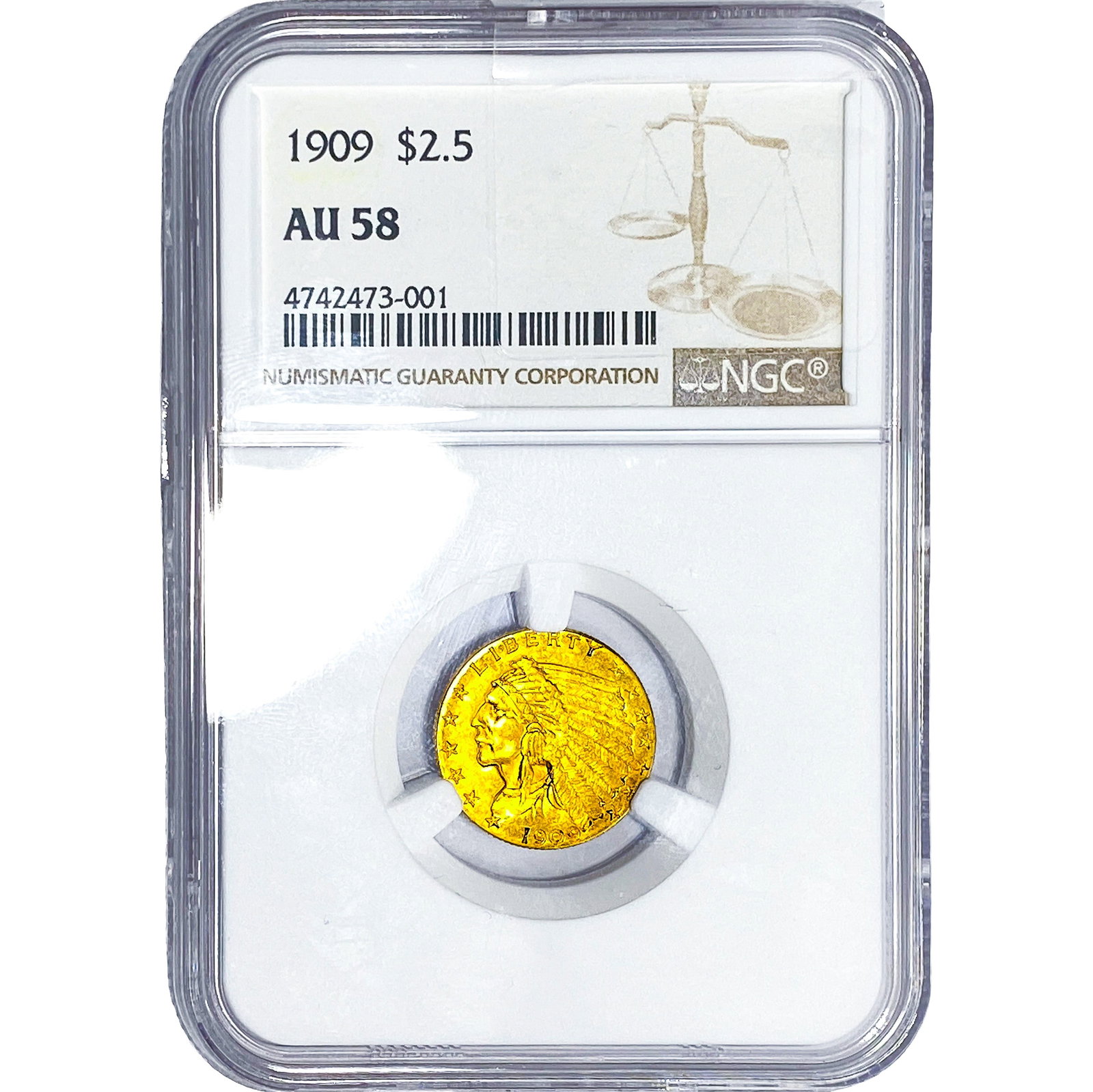 1909 $2.50 Gold Quarter Eagle NGC AU58: 1909 $2.50 Gold Quarter Eagle NGC AU58
