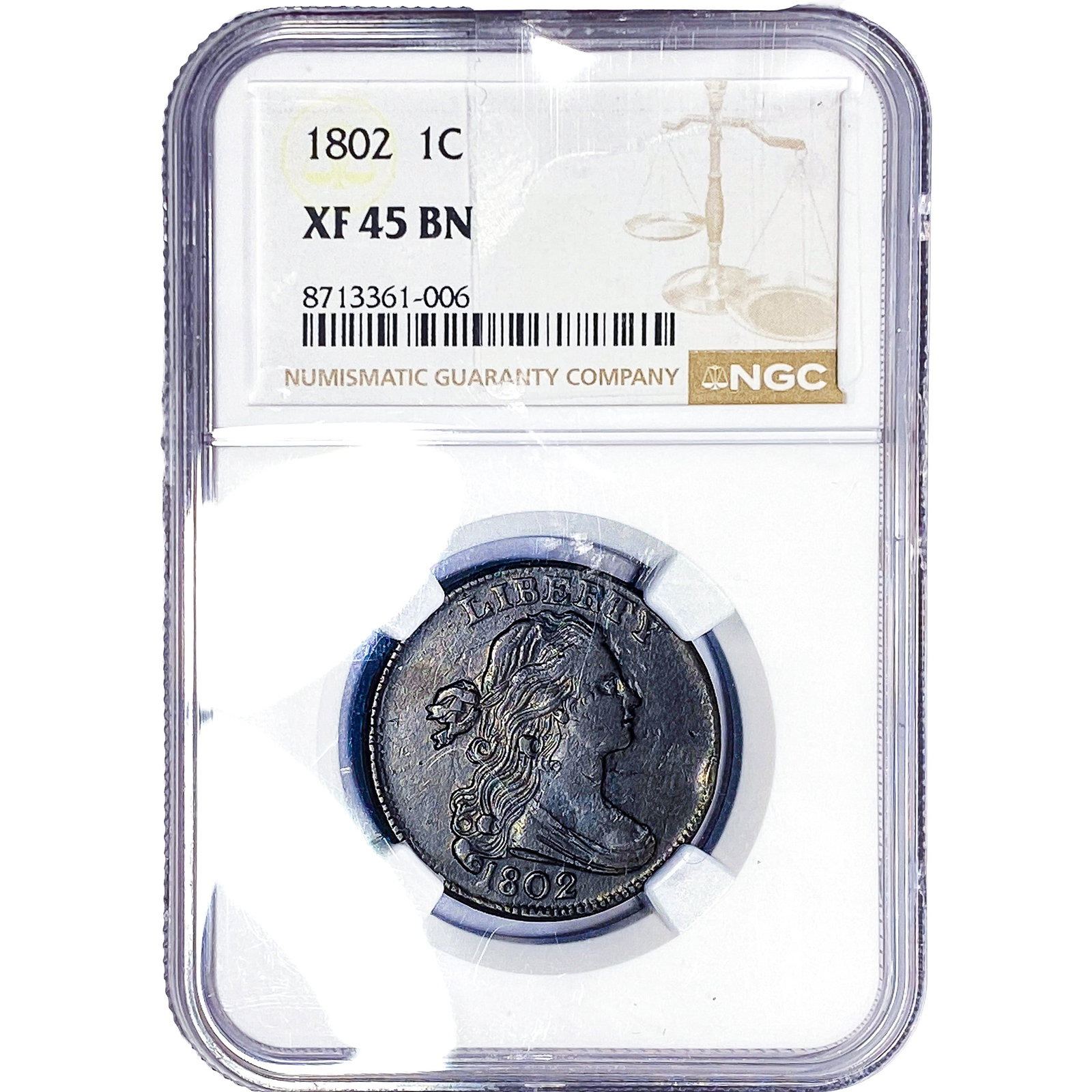 1802 Draped Bust Cent NGC XF45 BN: 1802 Draped Bust Cent NGC XF45 BN