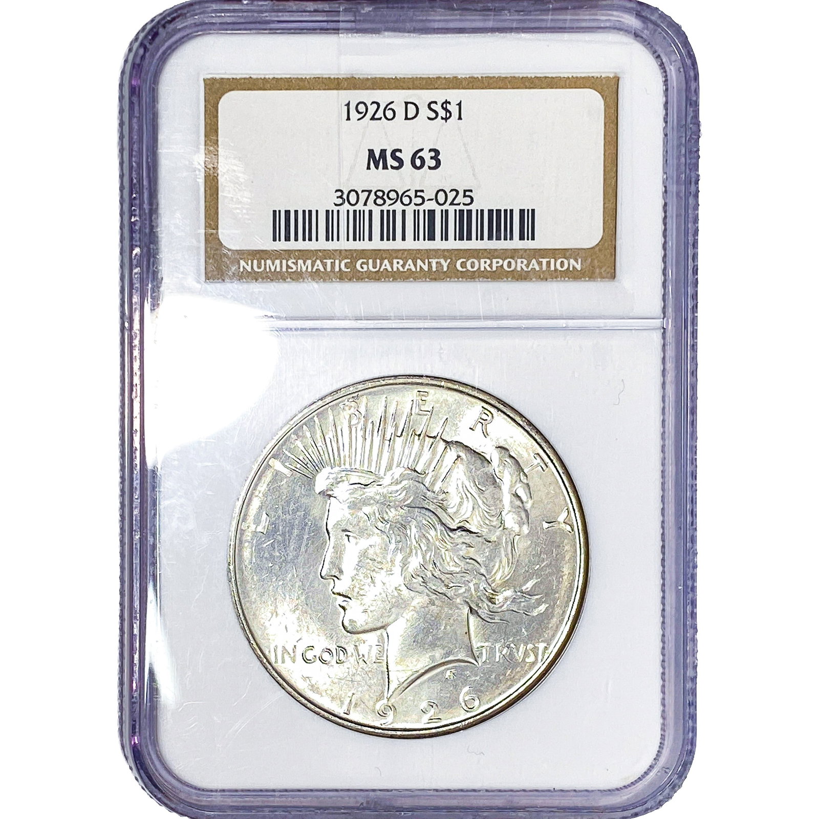 1926-D Silver Peace Dollar NGC MS63: 1926-D Silver Peace Dollar NGC MS63