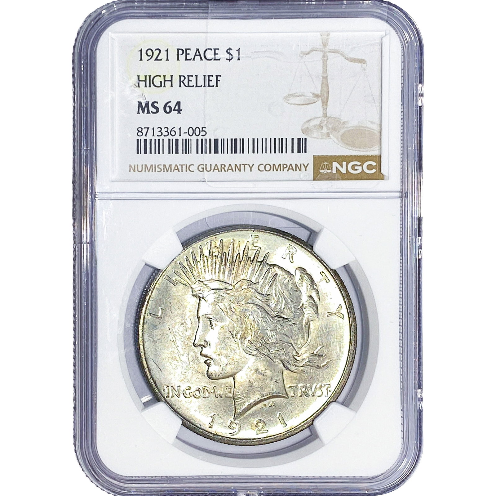 1921 Silver Peace Dollar NGC MS64 High Relief: 1921 Silver Peace Dollar NGC MS64 High Relief