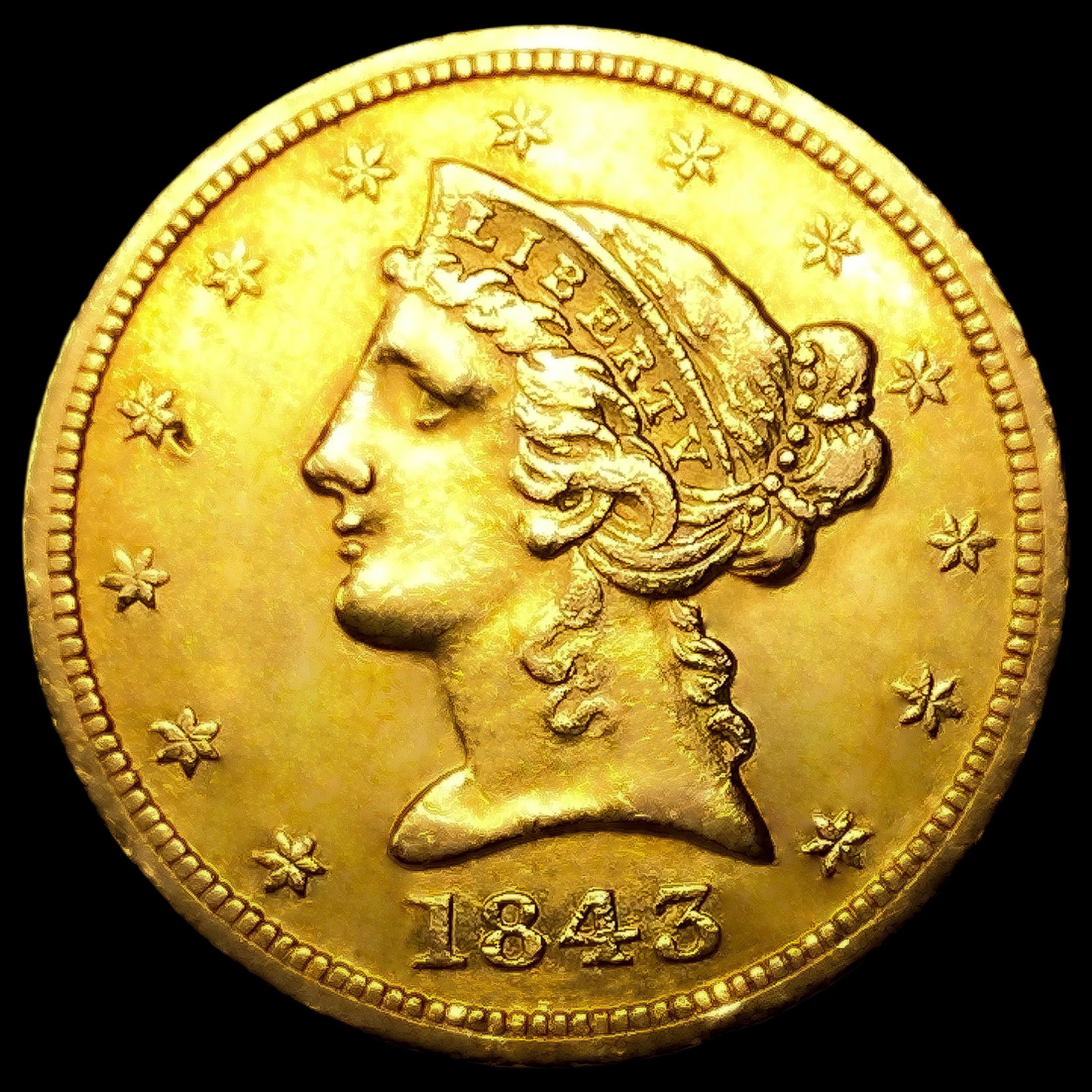 1843-O Lg Let $5 Gold Half Eagle: 1843-O Lg Let $5 Gold Half Eagle