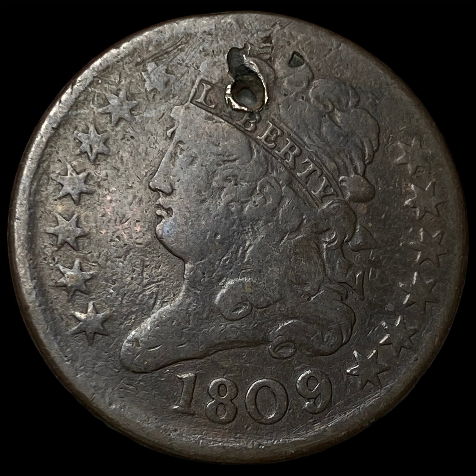 1809 Classic Head Half Cent (holed). NICELY CIRCULATED (1 of 2)