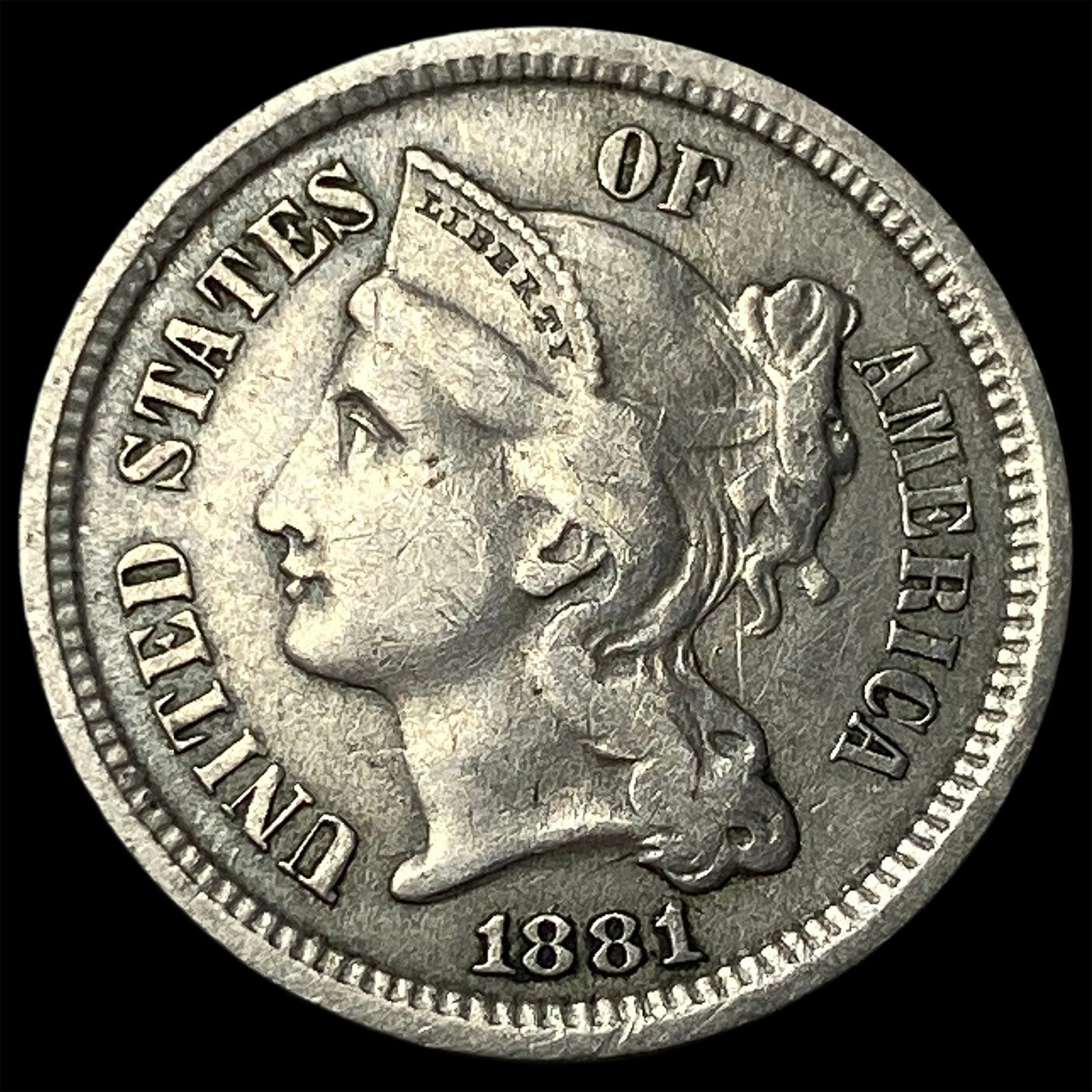 1881 Nickel Three-Cent Piece CLOSELY UNCIRCULATED: 1881 Nickel Three-Cent Piece CLOSELY UNCIRCULATED