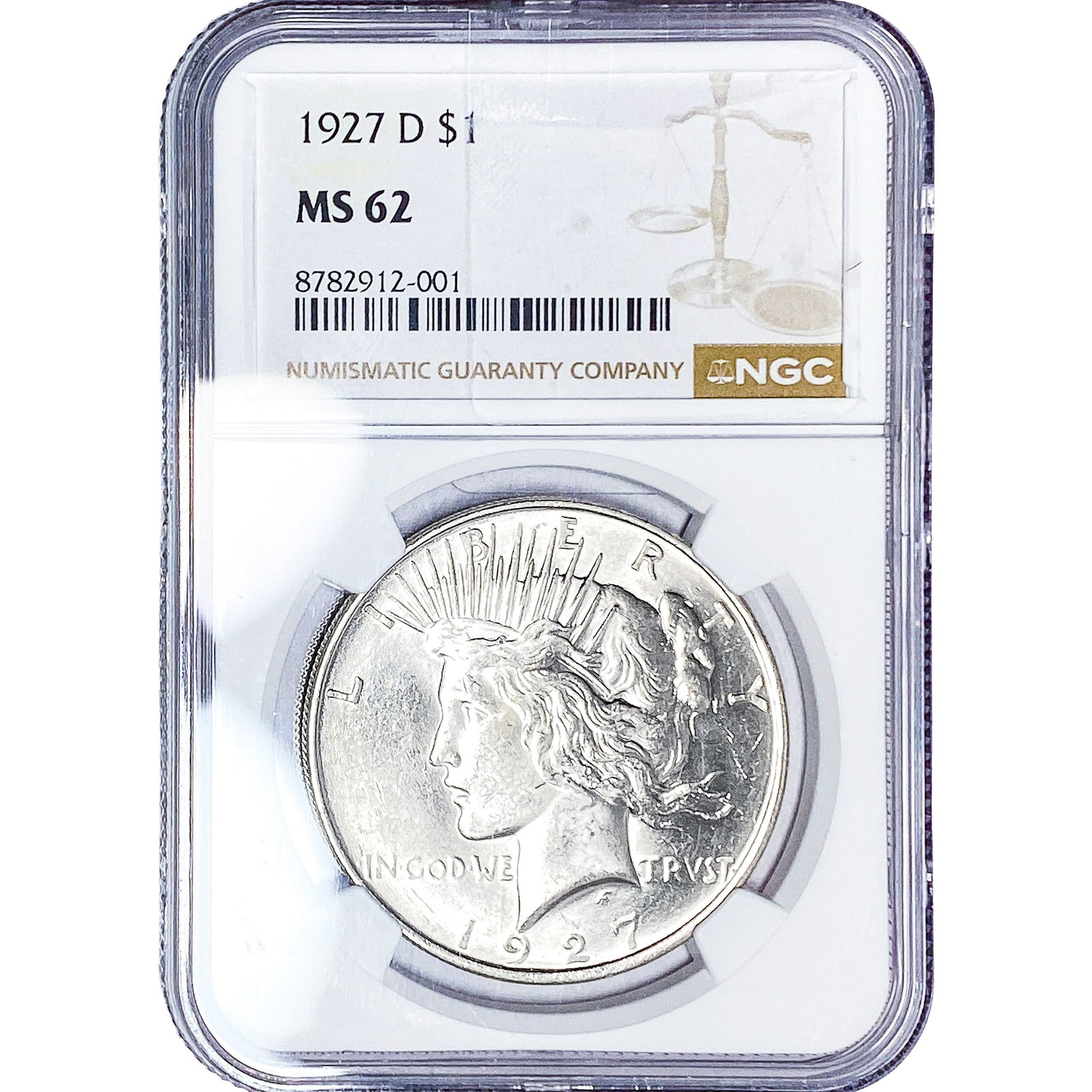 1927-D Silver Peace Dollar NGC MS62: 1927-D Silver Peace Dollar NGC MS62