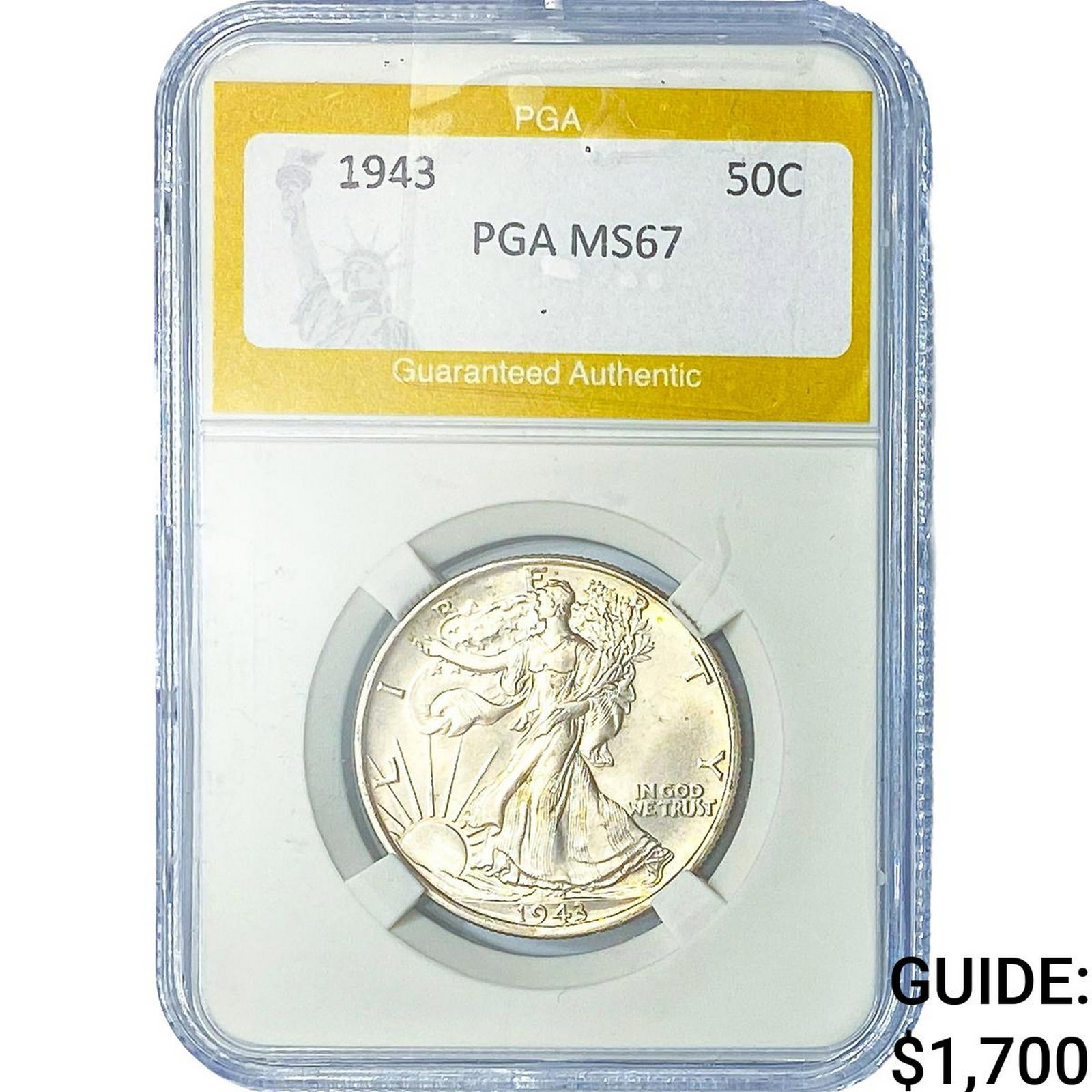 1943 Walking Liberty Half Dollar PGA MS67: 1943 Walking Liberty Half Dollar PGA MS67