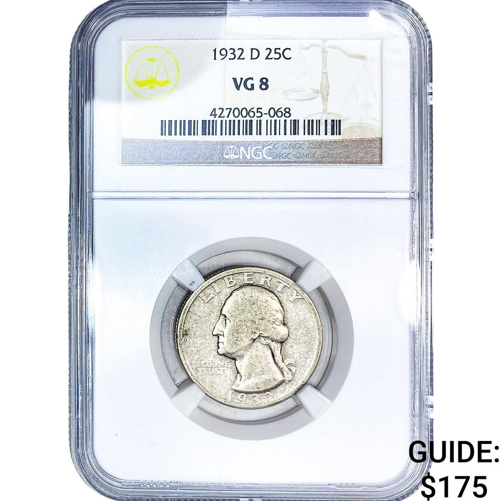 1932-D Washington Silver Quarter NGC VG8: 1932-D Washington Silver Quarter NGC VG8