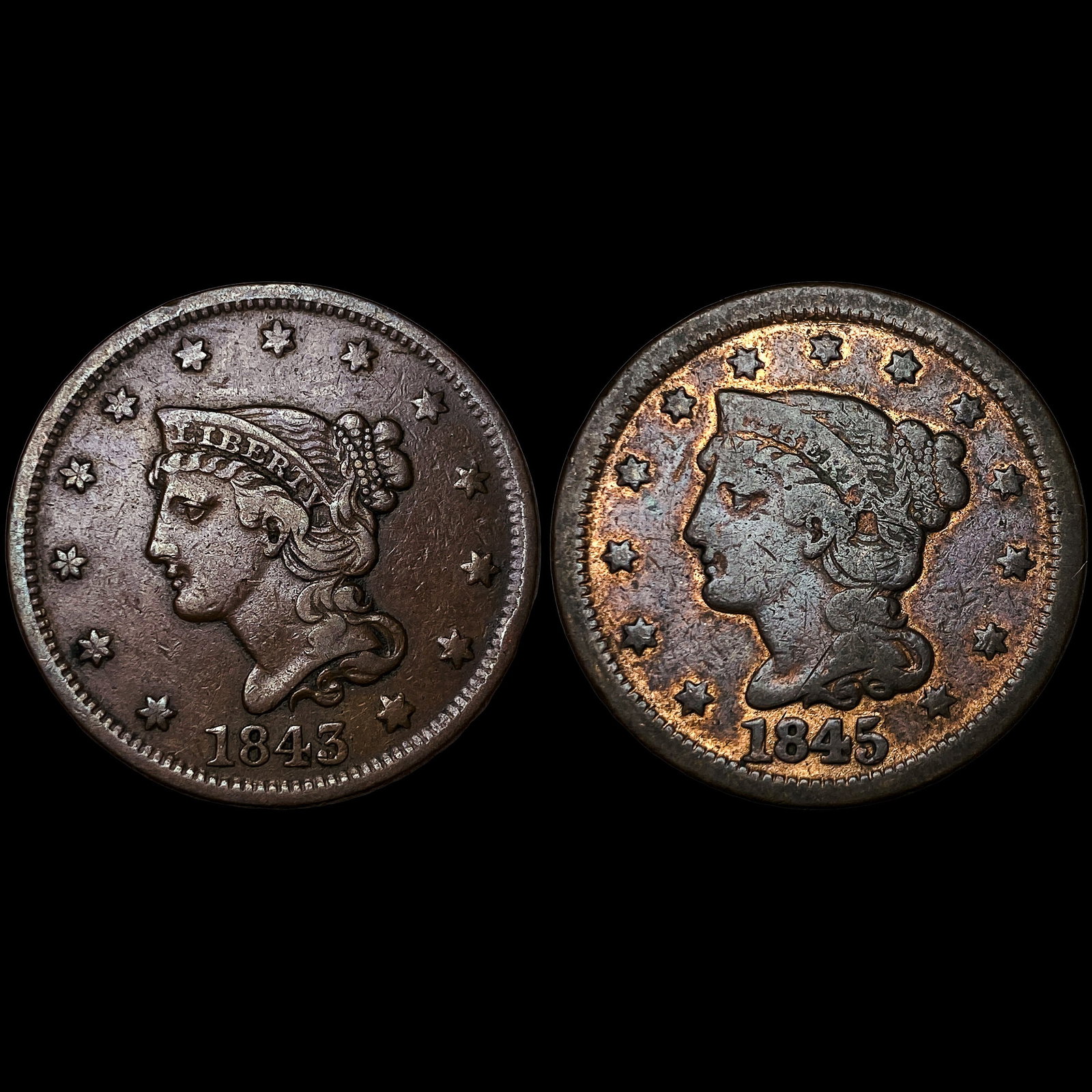 [2 Coins] 1843& 1845 Braided Hair Large Cent LIGHTLY CIRCULATED (1 of 2)