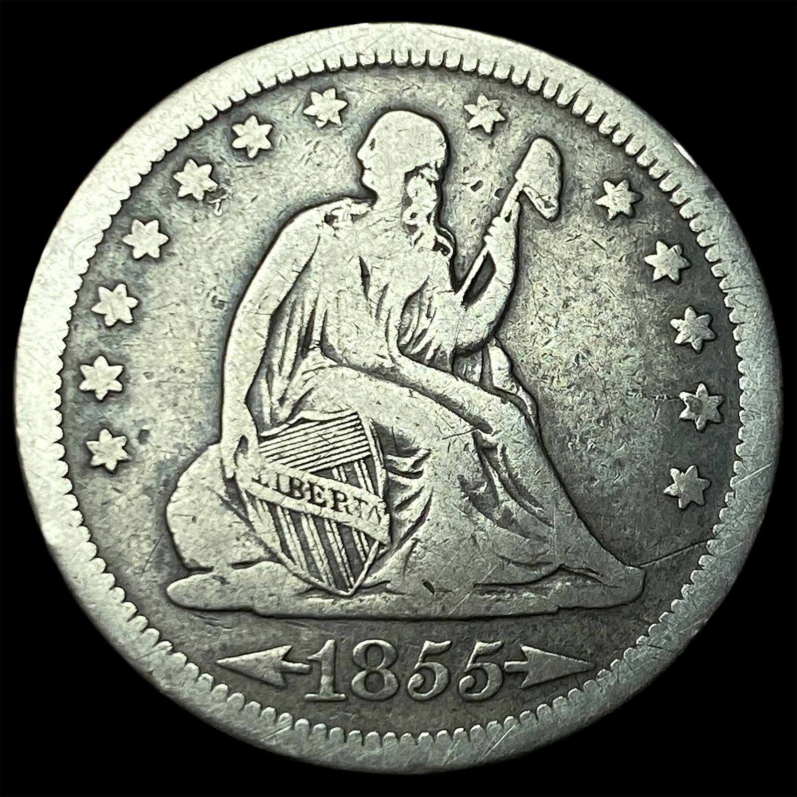 1855 Arrows Seated Liberty Silver Quarter LIGHTLY CIRCULATED: 1855 Arrows Seated Liberty Silver Quarter LIGHTLY CIRCULATED