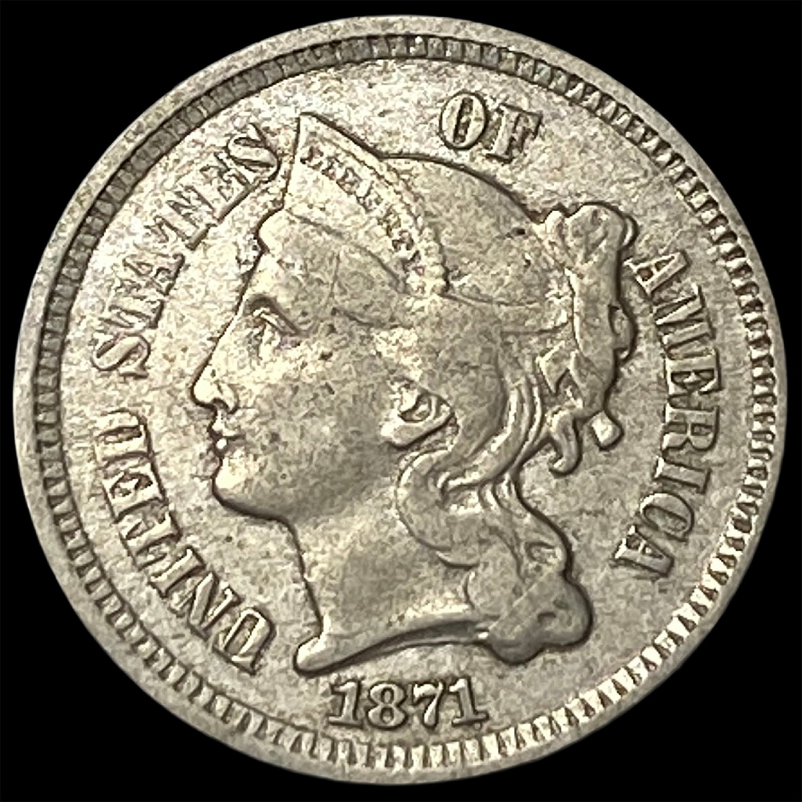1871 Nickel Three-Cent Piece NEARLY UNCIRCULATED: 1871 Nickel Three-Cent Piece NEARLY UNCIRCULATED