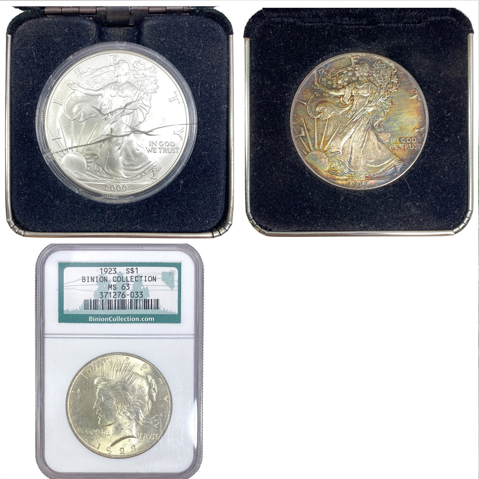 [3 Coins] 1923-2000 Peace $1 & Silver Eagles NGC MS63: [3 Coins] 1923-2000 Peace $1 & Silver Eagles NGC MS63