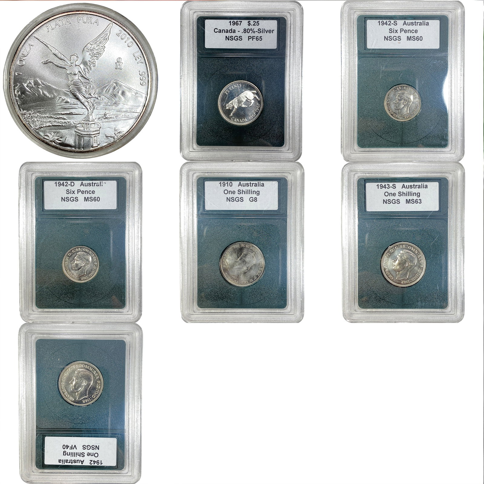 [7 Coins] 2010 Silver 1 Onza & Australian Silver Coins (1 of 2)