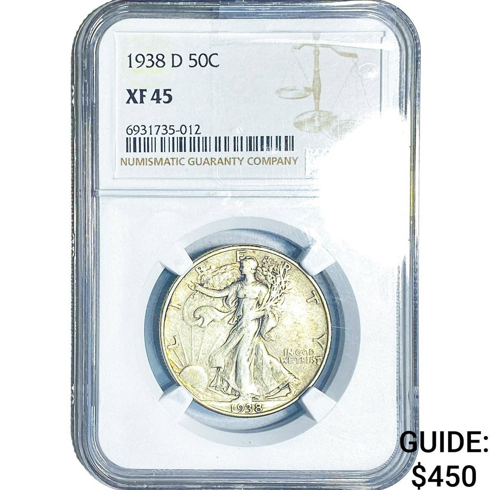 1938-D Walking Liberty Half Dollar NGC XF45: 1938-D Walking Liberty Half Dollar NGC XF45