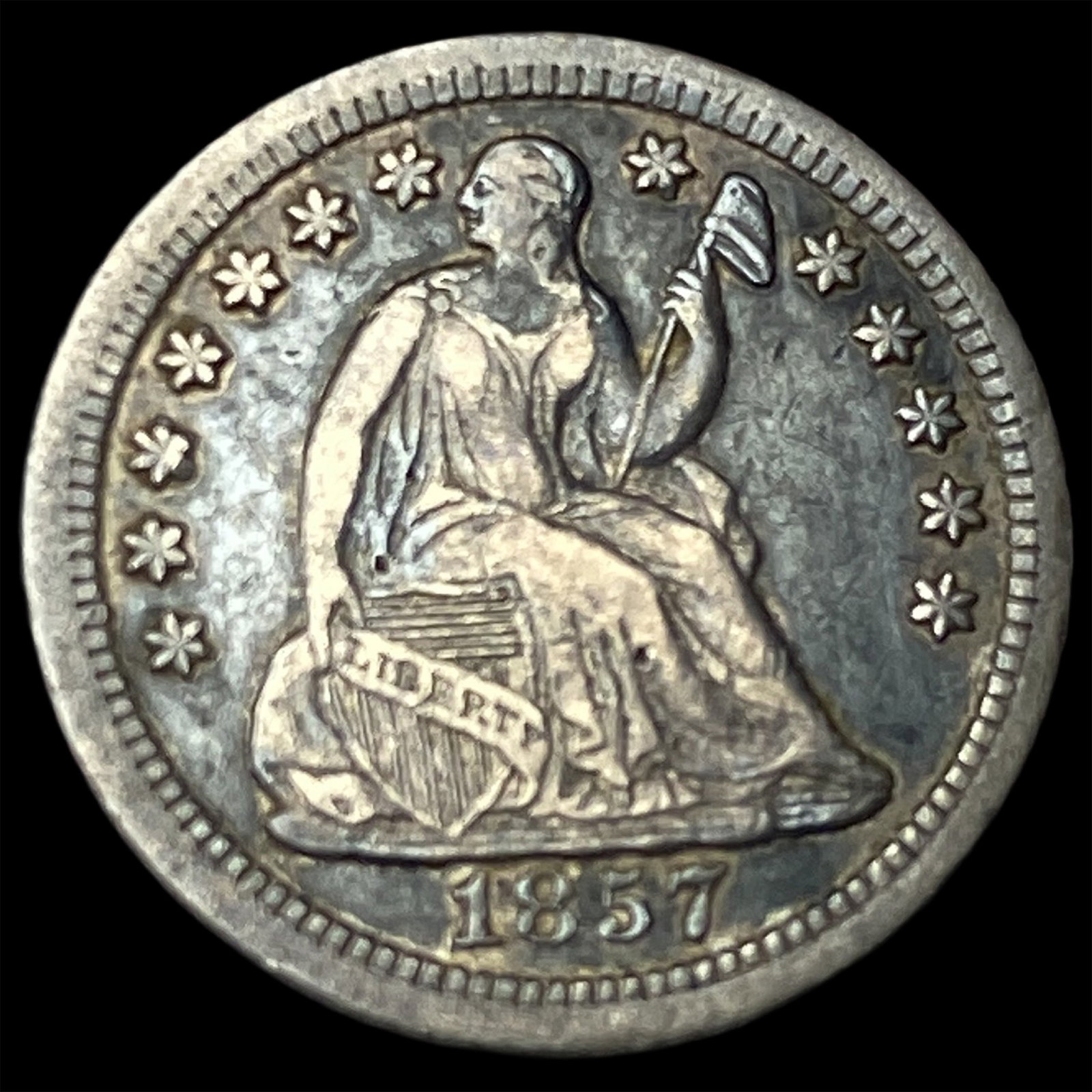 1857-O Silver Seated Liberty Half Dime NEARLY UNCIRCULATED: 1857-O Silver Seated Liberty Half Dime NEARLY UNCIRCULATED