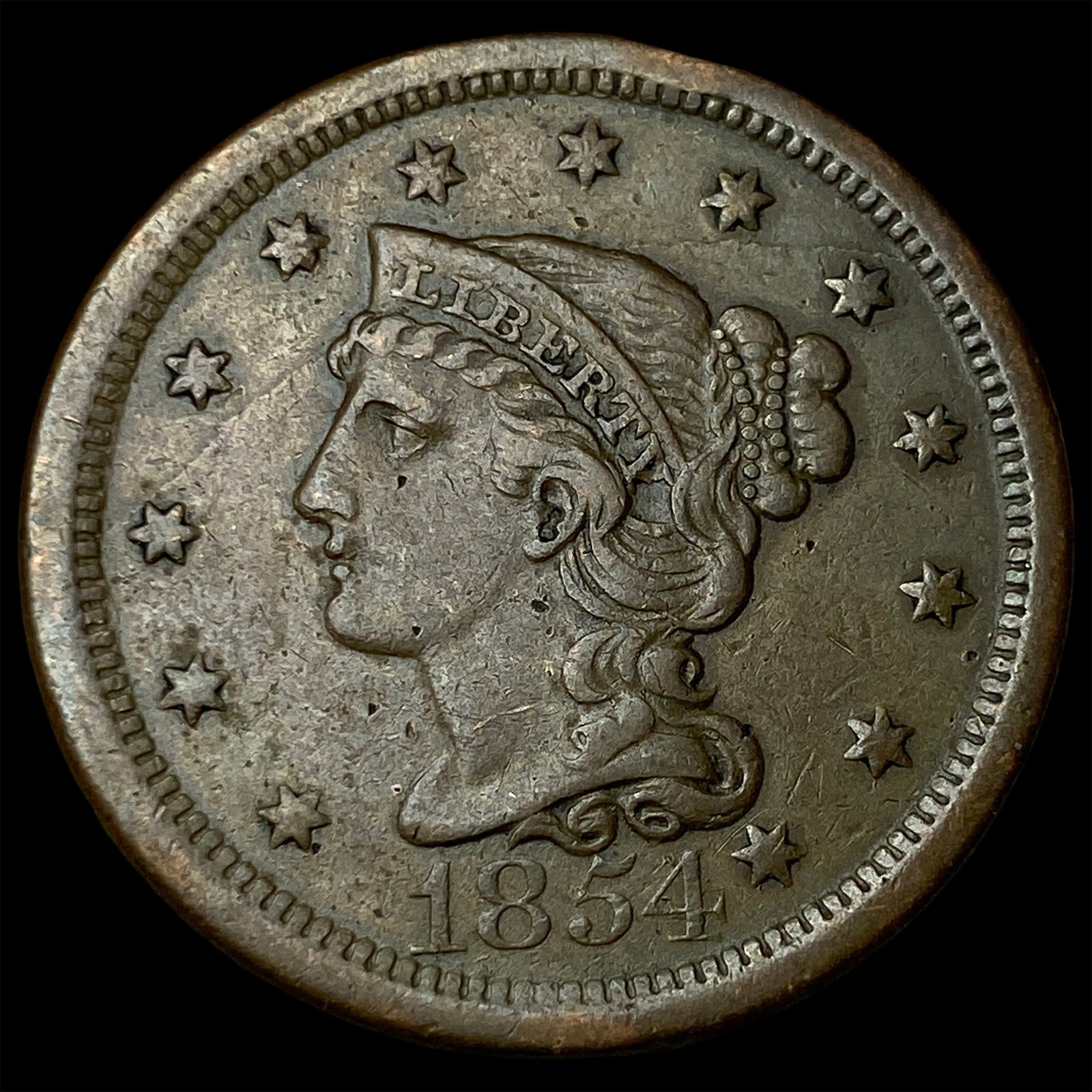 1854 Braided Hair Large Cent CLOSELY UNCIRCULATED: 1854 Braided Hair Large Cent CLOSELY UNCIRCULATED