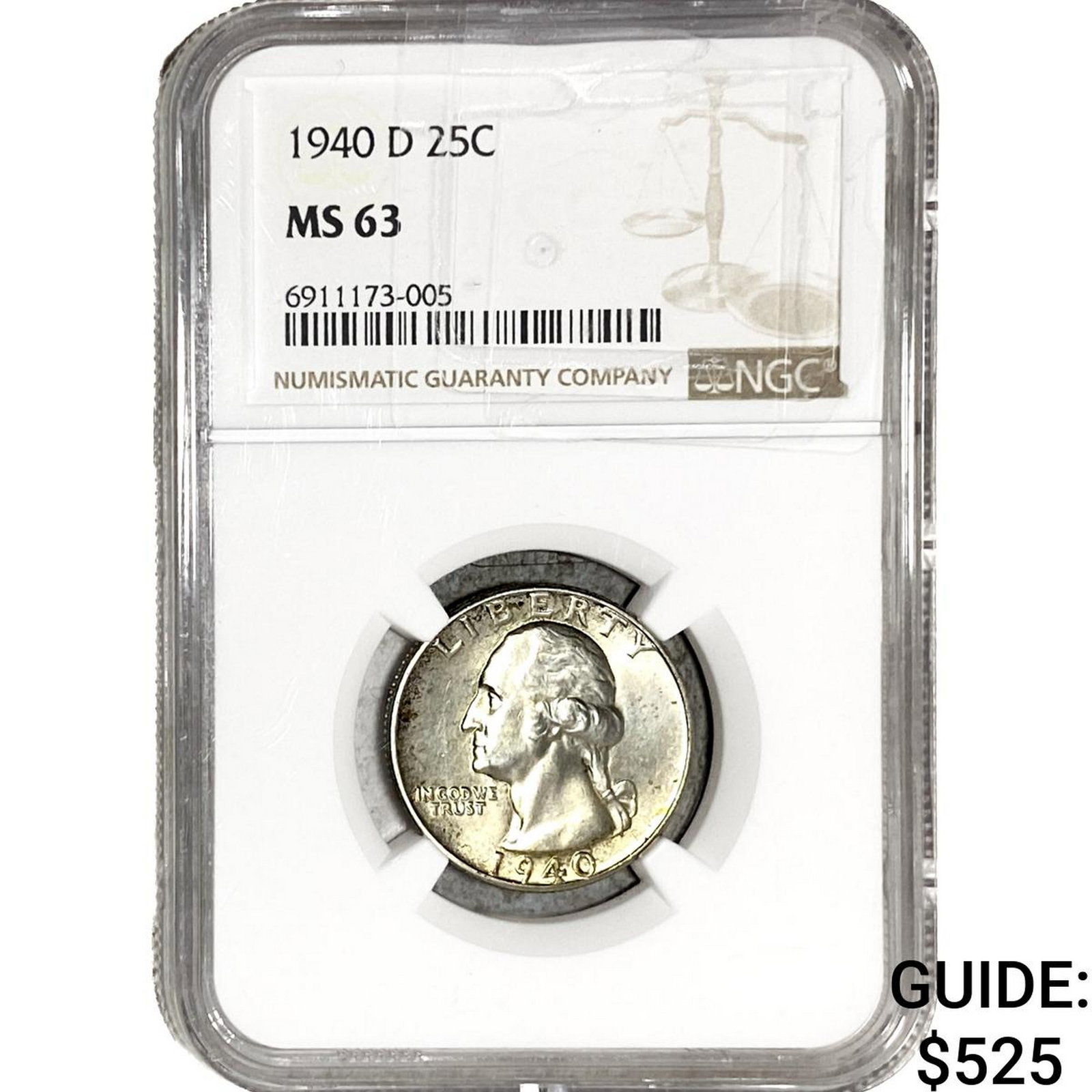 1940-D Washington Silver Quarter NGC MS63: 1940-D Washington Silver Quarter NGC MS63