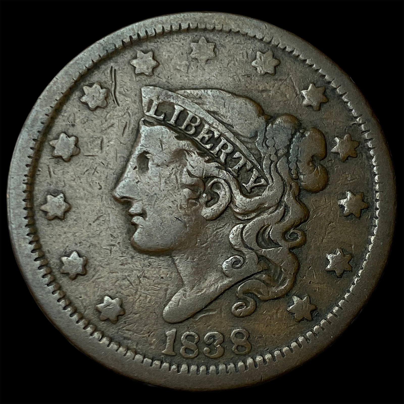 1838 Coronet Head Large Cent LIGHTLY CIRCULATED: 1838 Coronet Head Large Cent LIGHTLY CIRCULATED