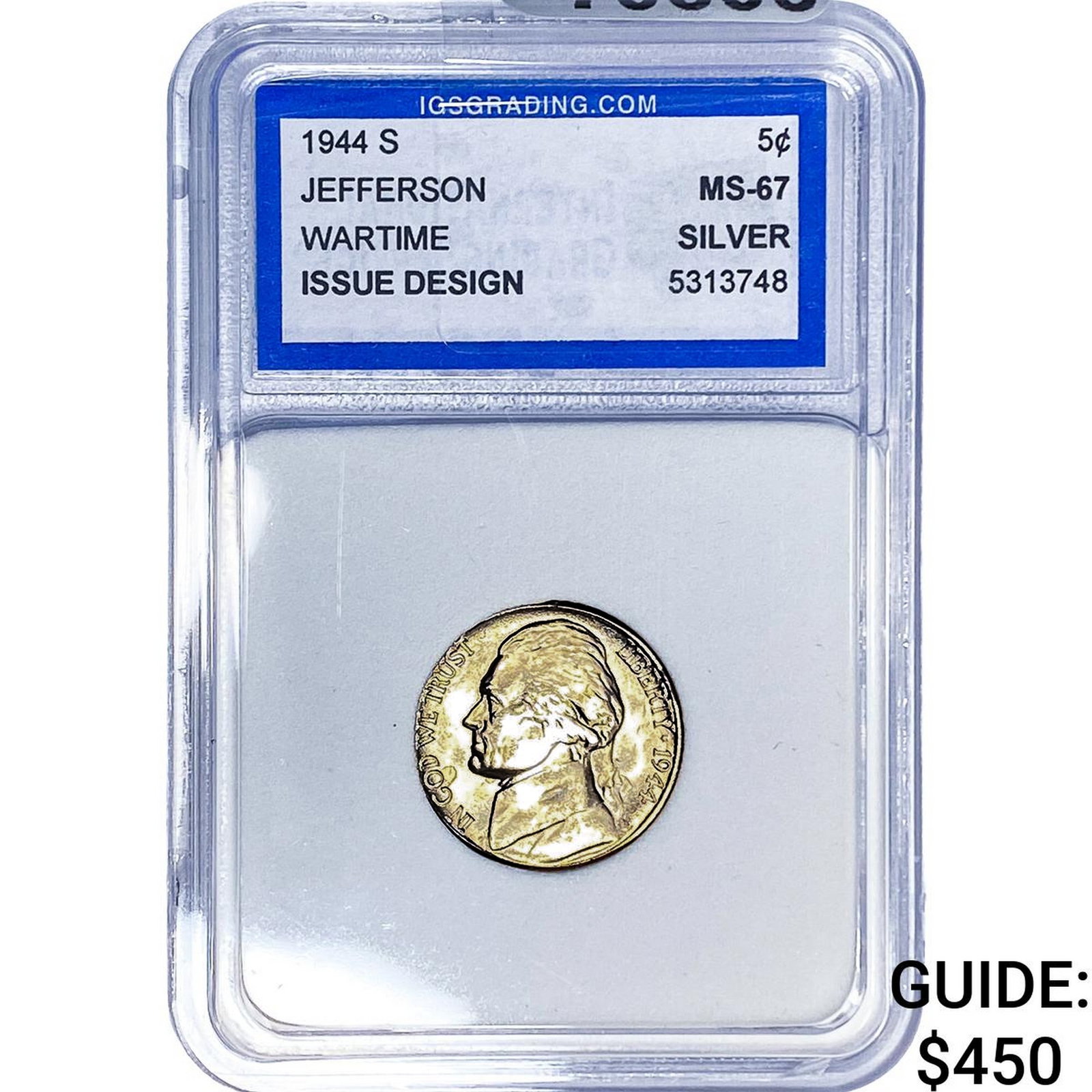 1944-S Jefferson Nickel IGS MS67 Wartime Design: 1944-S Jefferson Nickel IGS MS67 Wartime Design