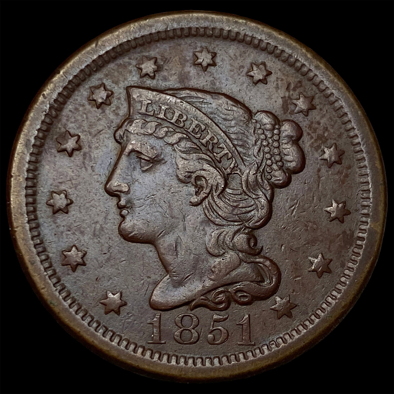1851 Braided Hair Large Cent CHOICE AU: 1851 Braided Hair Large Cent CHOICE AU