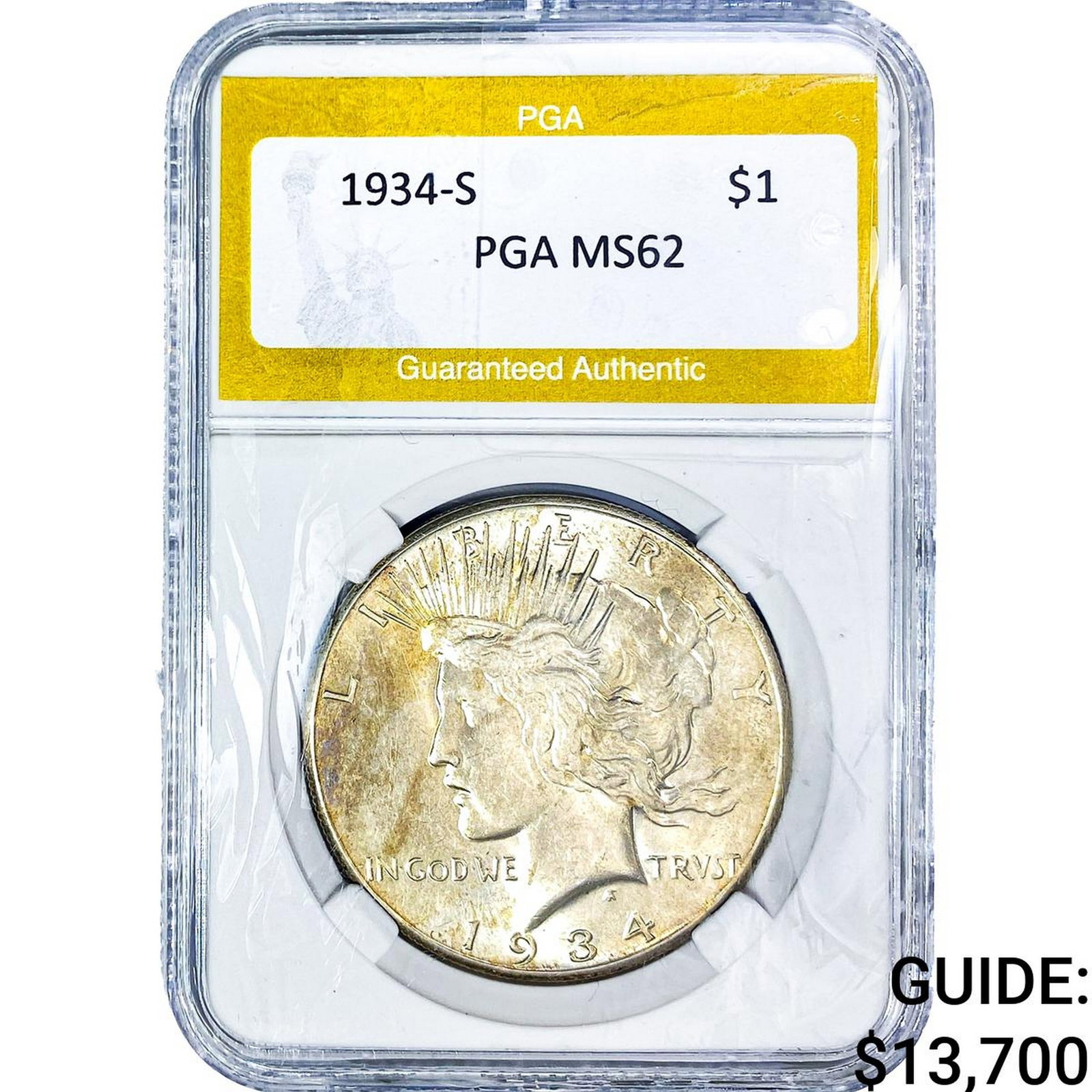 1934-S Silver Peace Dollar PGA MS62: 1934-S Silver Peace Dollar PGA MS62