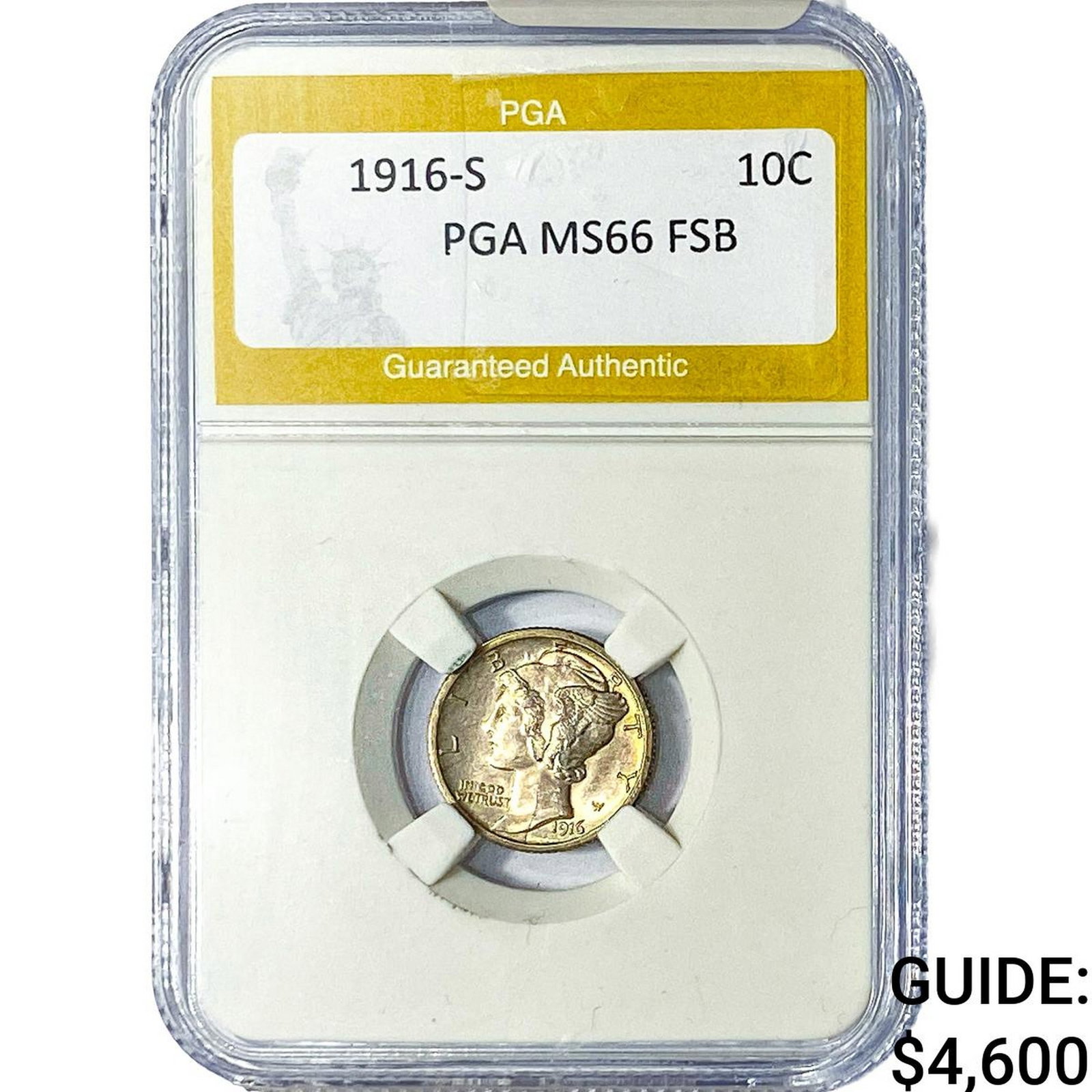 1916-S Mercury Silver Dime PGA MS66 FSB: 1916-S Mercury Silver Dime PGA MS66 FSB