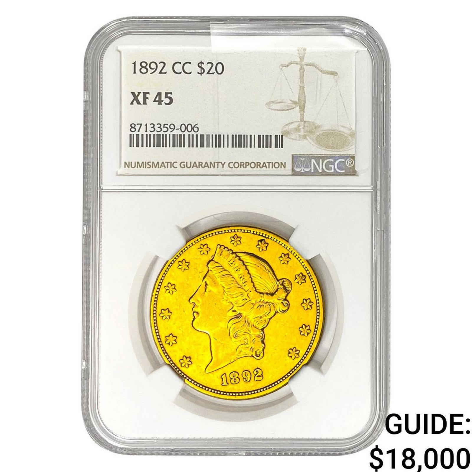 1892-CC $20 Gold Double Eagle NGC XF45: 1892-CC $20 Gold Double Eagle NGC XF45