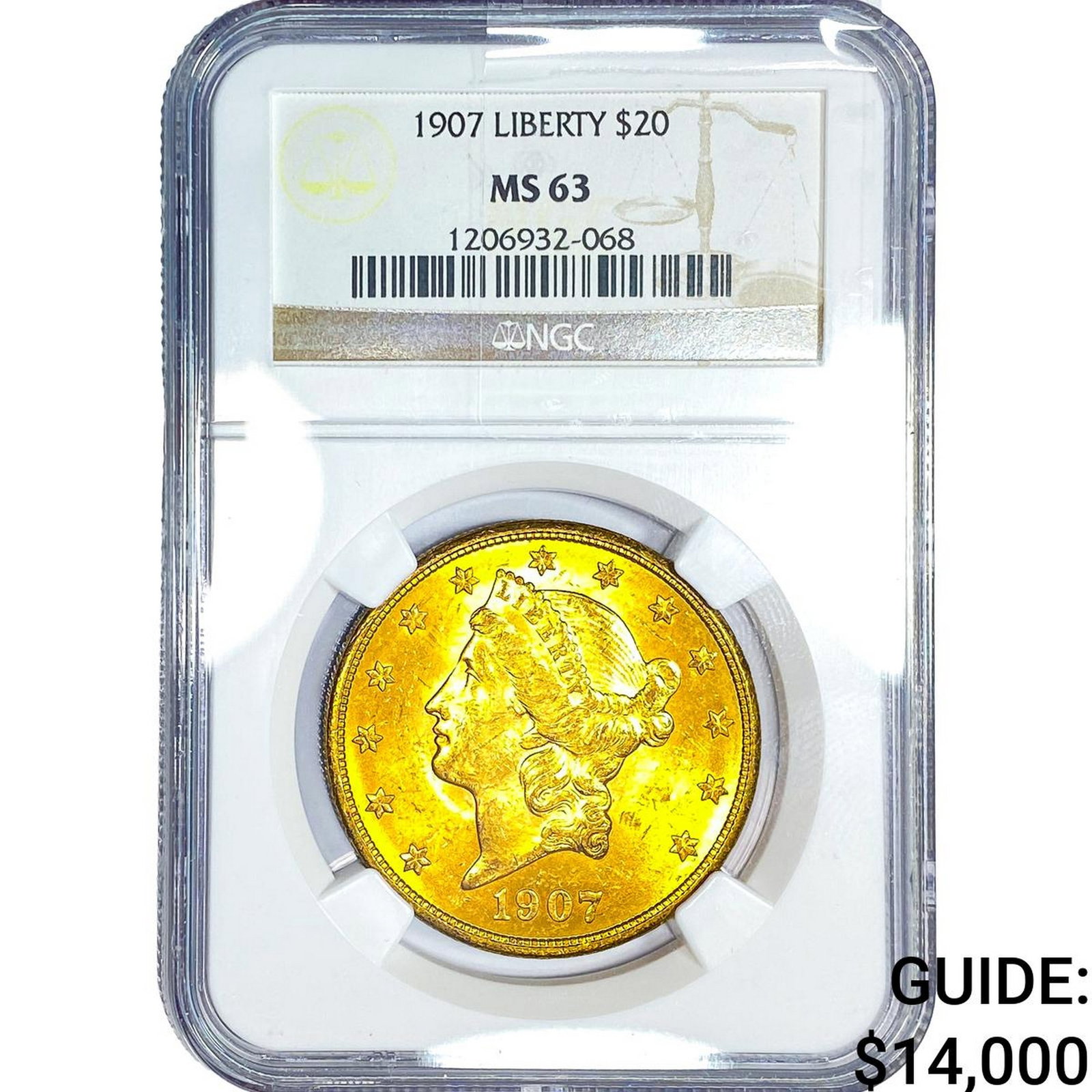 1907 $20 Gold Double Eagle NGC MS63: 1907 $20 Gold Double Eagle NGC MS63