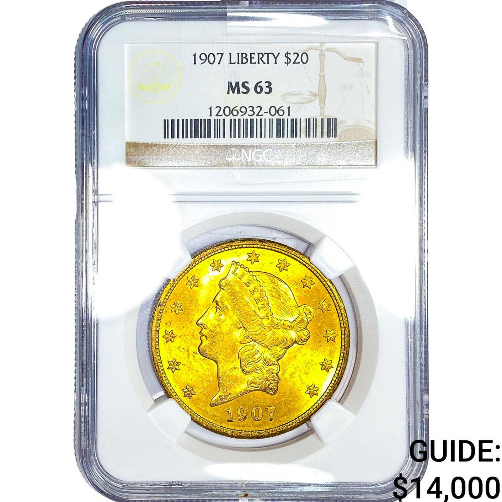 1907 $20 Gold Double Eagle NGC MS63: 1907 $20 Gold Double Eagle NGC MS63
