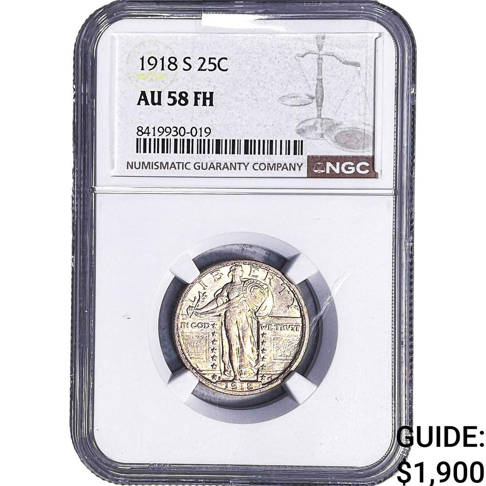 1918-S Standing Liberty Quarter NGC AU58 FH: 1918-S Standing Liberty Quarter NGC AU58 FH
