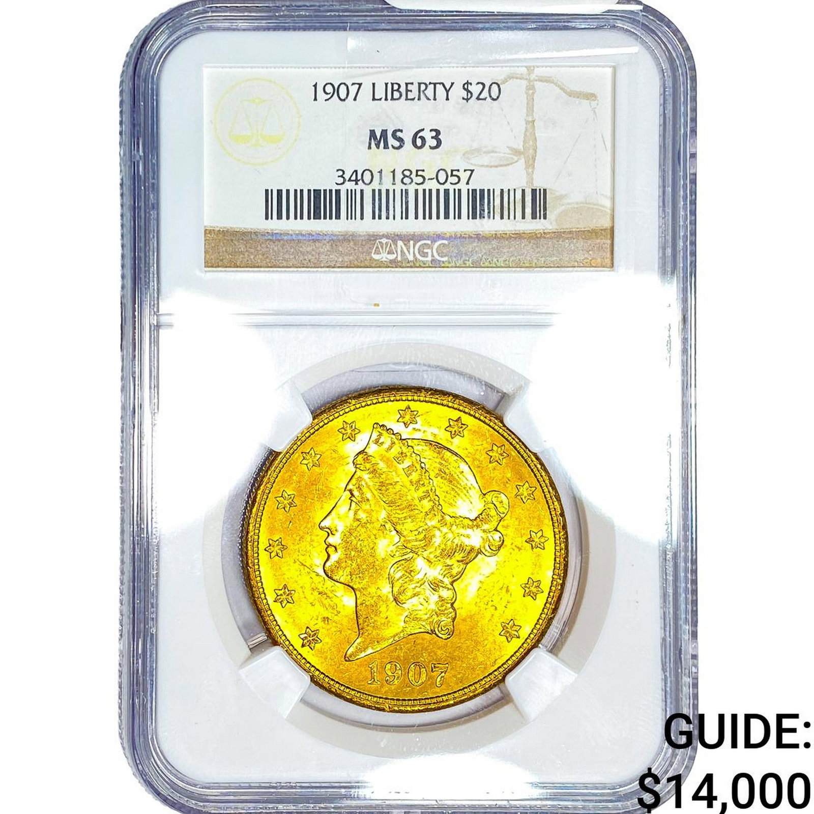 1907 $20 Gold Double Eagle NGC MS63: 1907 $20 Gold Double Eagle NGC MS63
