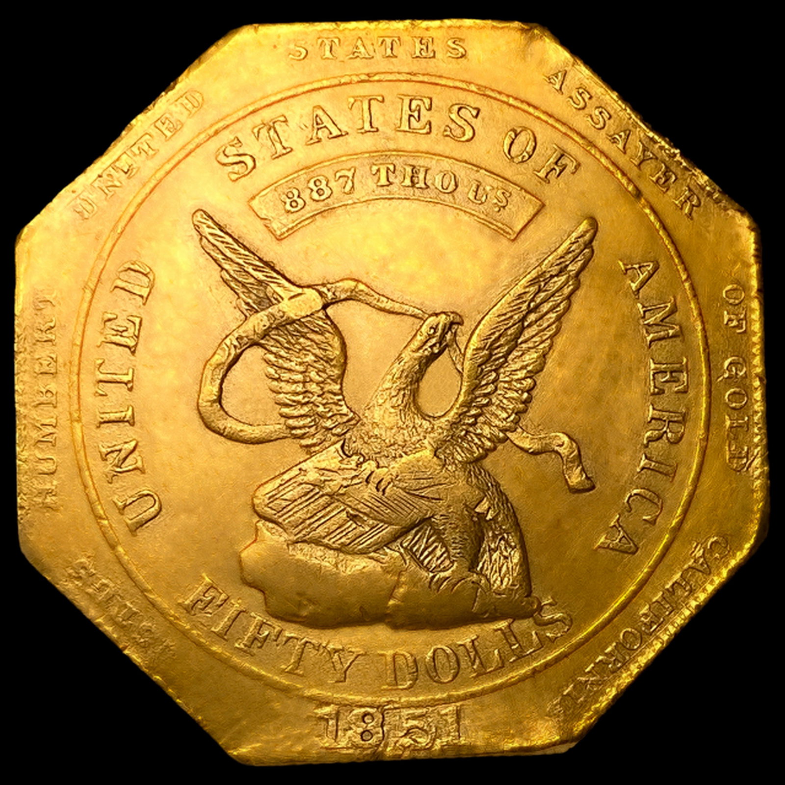 1851 US Assay "887" $50 Gold, Reeded Edge: 1851 US Assay "887" $50 Gold, Reeded Edge