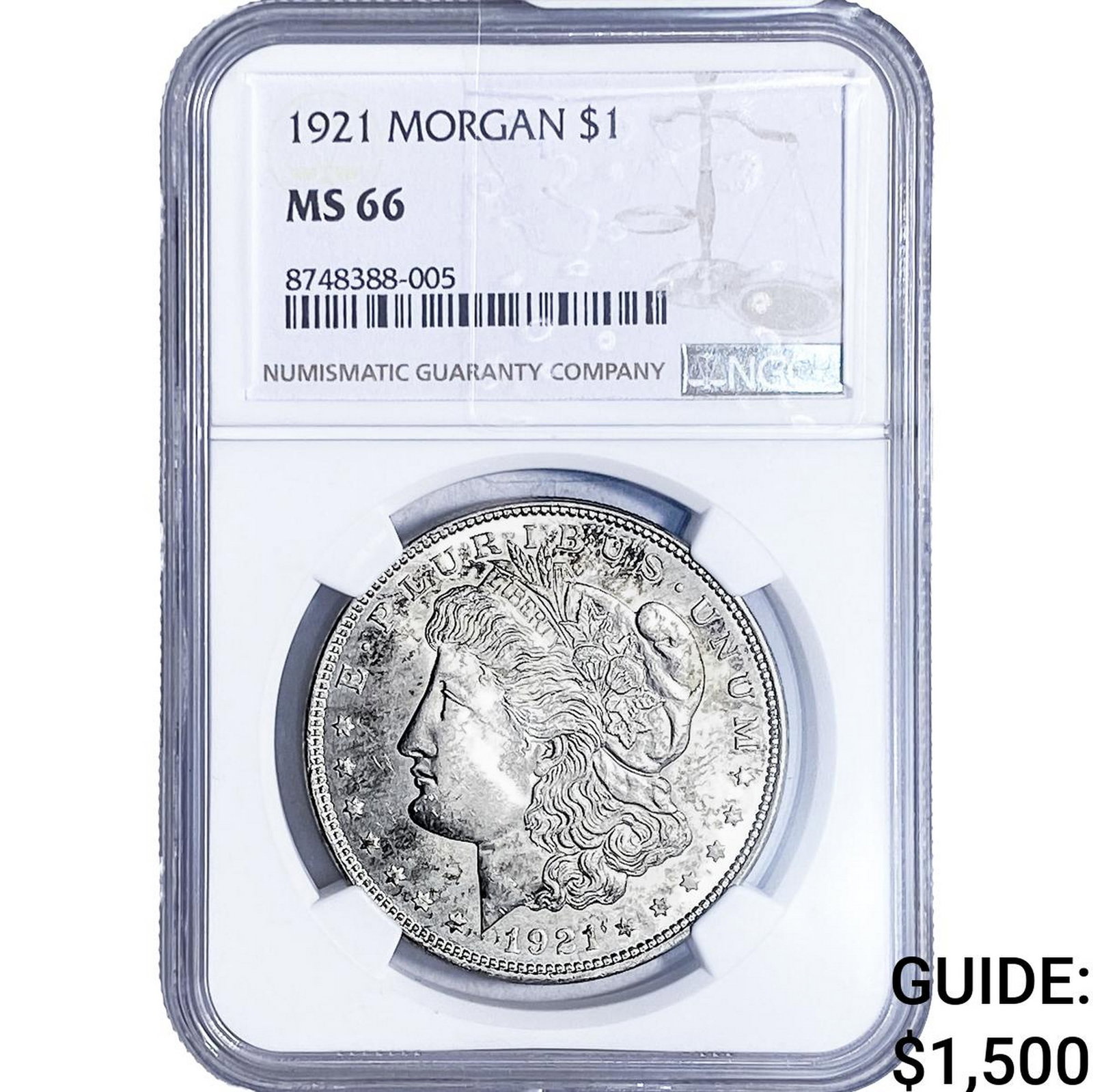 1921 Morgan Silver Dollar NGC MS66: 1921 Morgan Silver Dollar NGC MS66