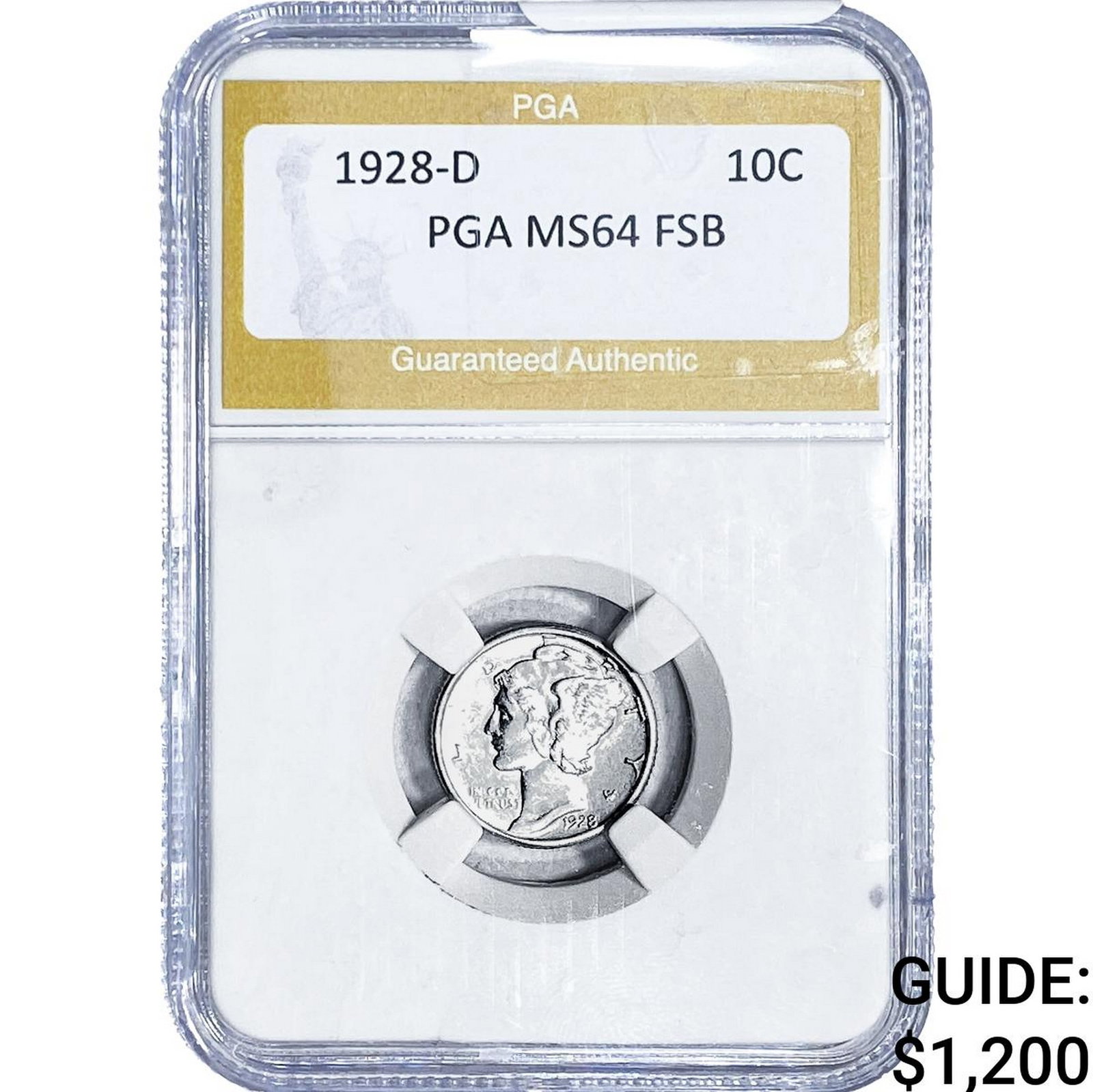 1928-D Mercury Silver Dime PGA MS64 FSB: 1928-D Mercury Silver Dime PGA MS64 FSB