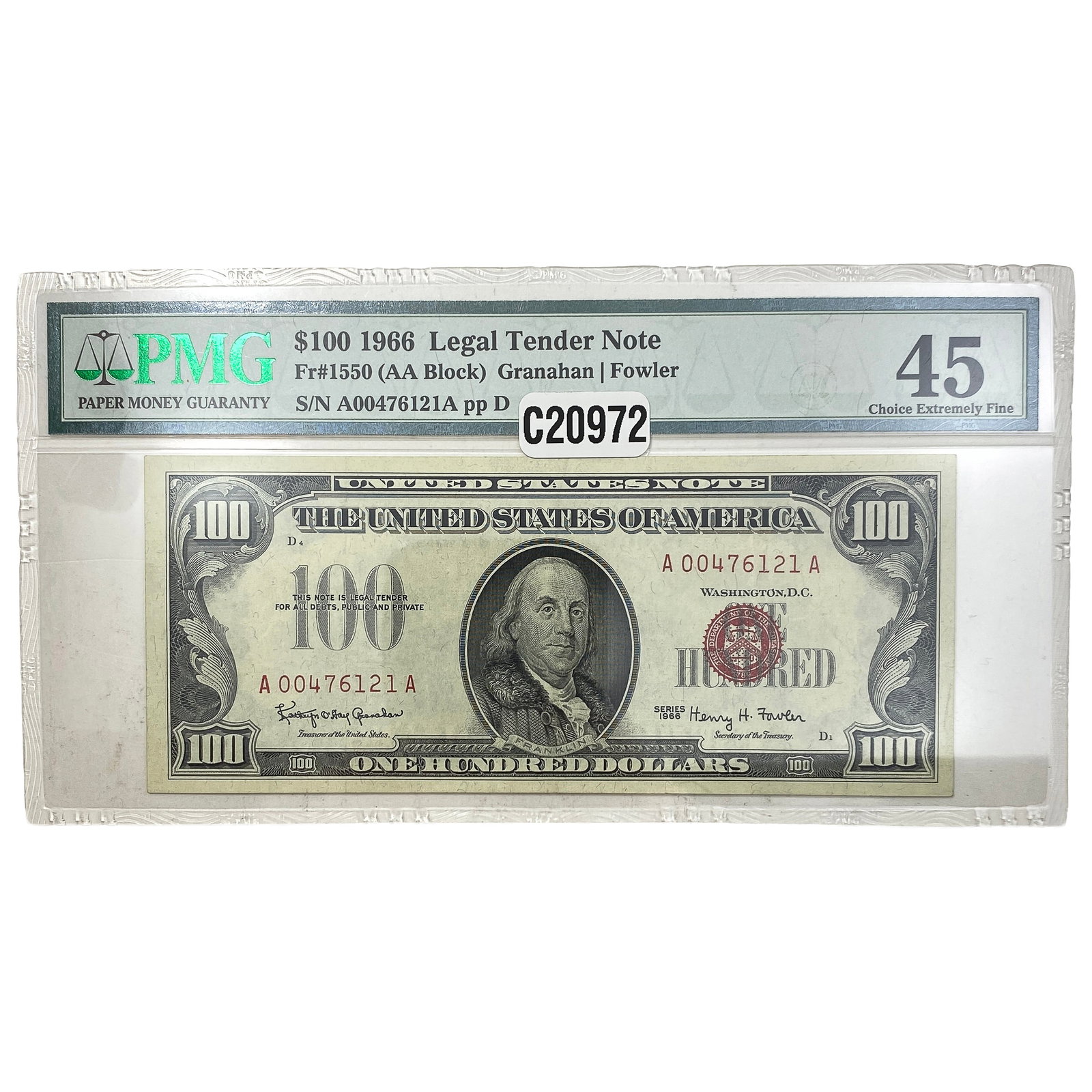 1966 $100 Legal Tender Fr#1550 (AA Block) PMG 45 (1 of 2)