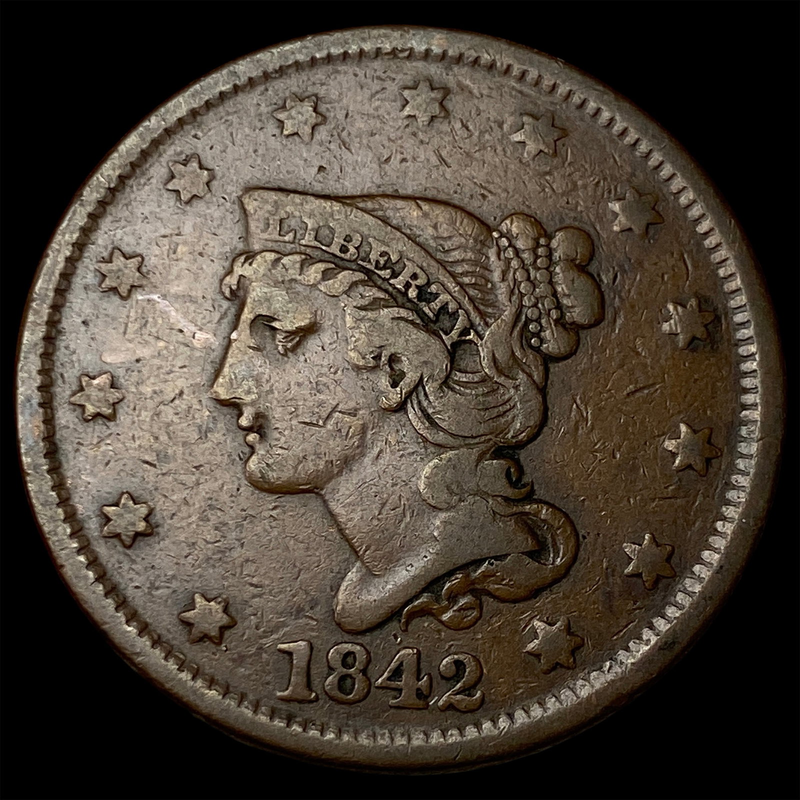1842 Braided Hair Large Cent LIGHTLY CIRCULATED: 1842 Braided Hair Large Cent LIGHTLY CIRCULATED
