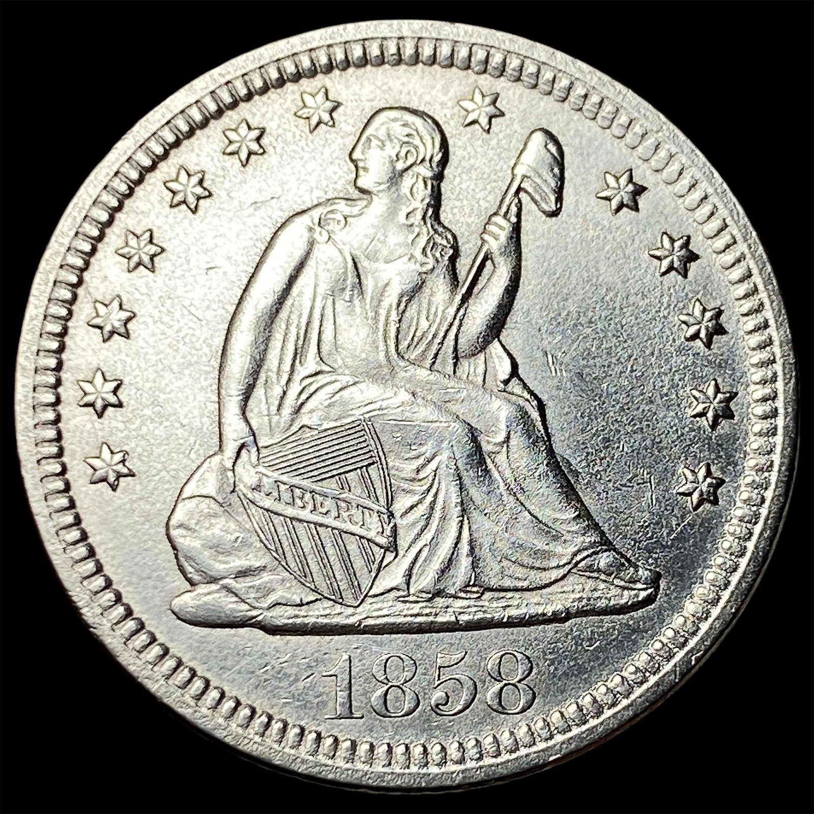 1858 Silver Seated Liberty Quarter UNCIRCULATED: 1858 Silver Seated Liberty Quarter UNCIRCULATED