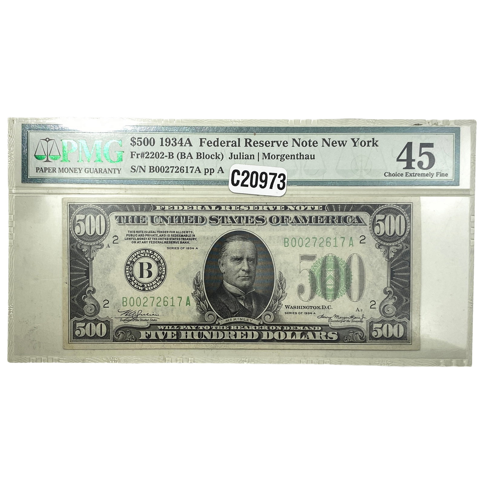 1934A $500 Fed Res Note New York Fr#2202-B PMG 45: 1934A $500 Fed Res Note New York Fr#2202-B PMG 45