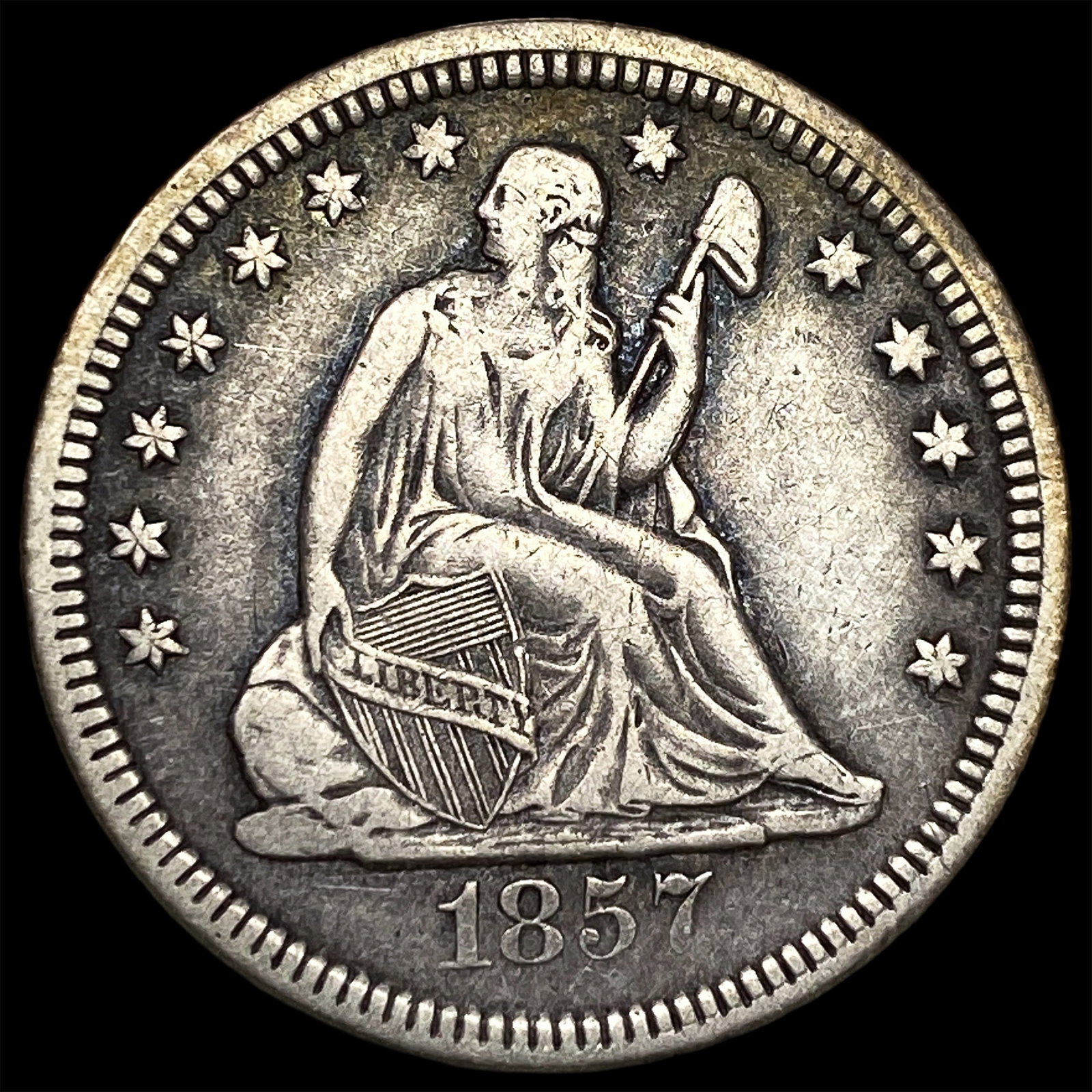 1857 Silver Seated Liberty Quarter NEARLY UNCIRCULATED: 1857 Silver Seated Liberty Quarter NEARLY UNCIRCULATED