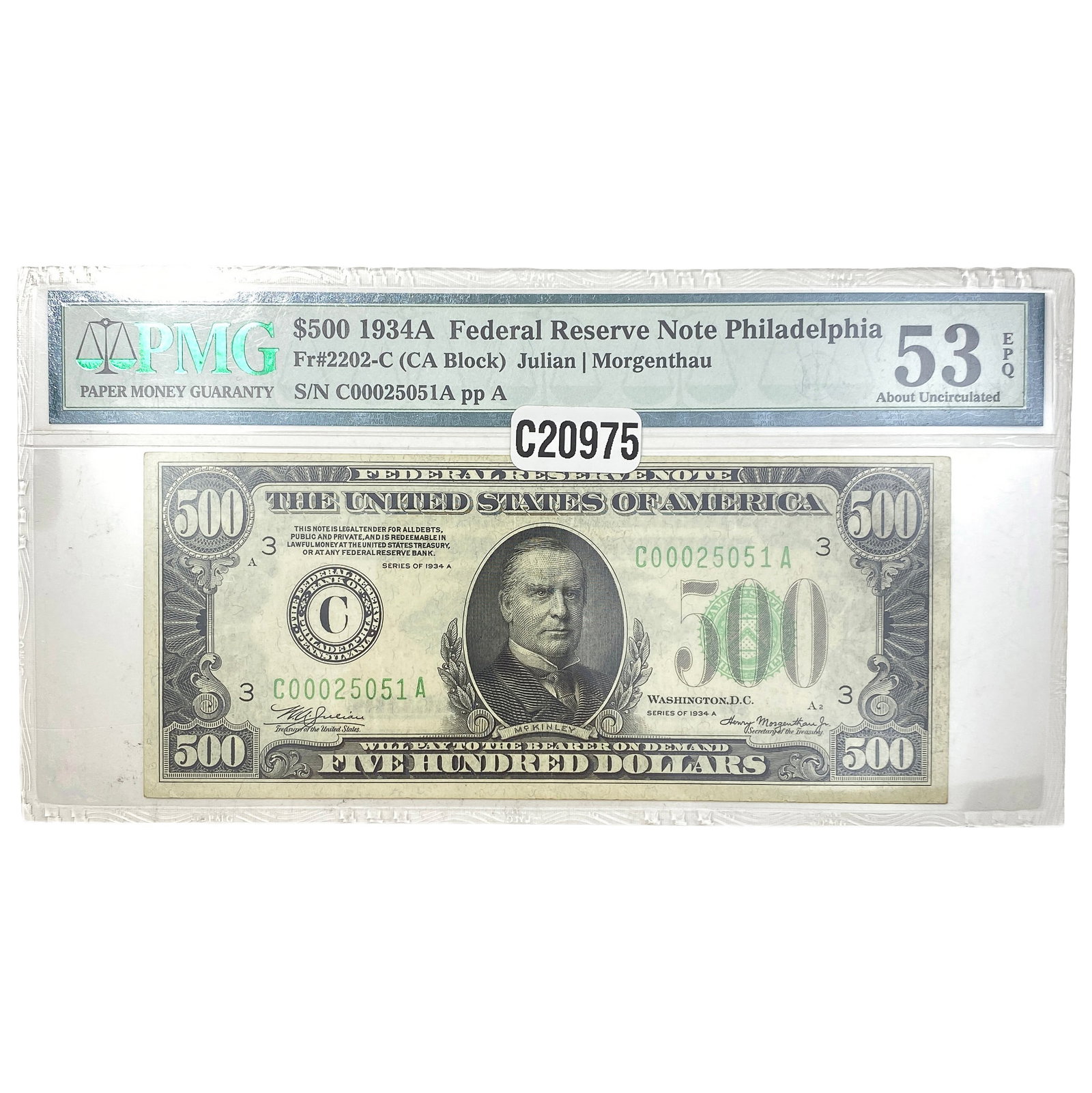 1934A $500 Fed Res Note Philly Fr#2202-C PMG 53: 1934A $500 Fed Res Note Philly Fr#2202-C PMG 53