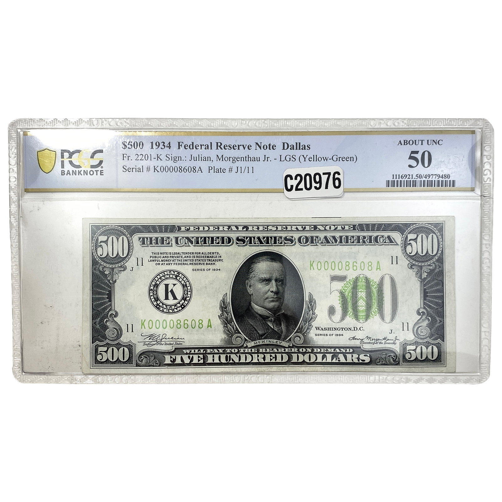 1934 $500 Fed Res Note Dallas Fr#2201-K PCGS 50: 1934 $500 Fed Res Note Dallas Fr#2201-K PCGS 50