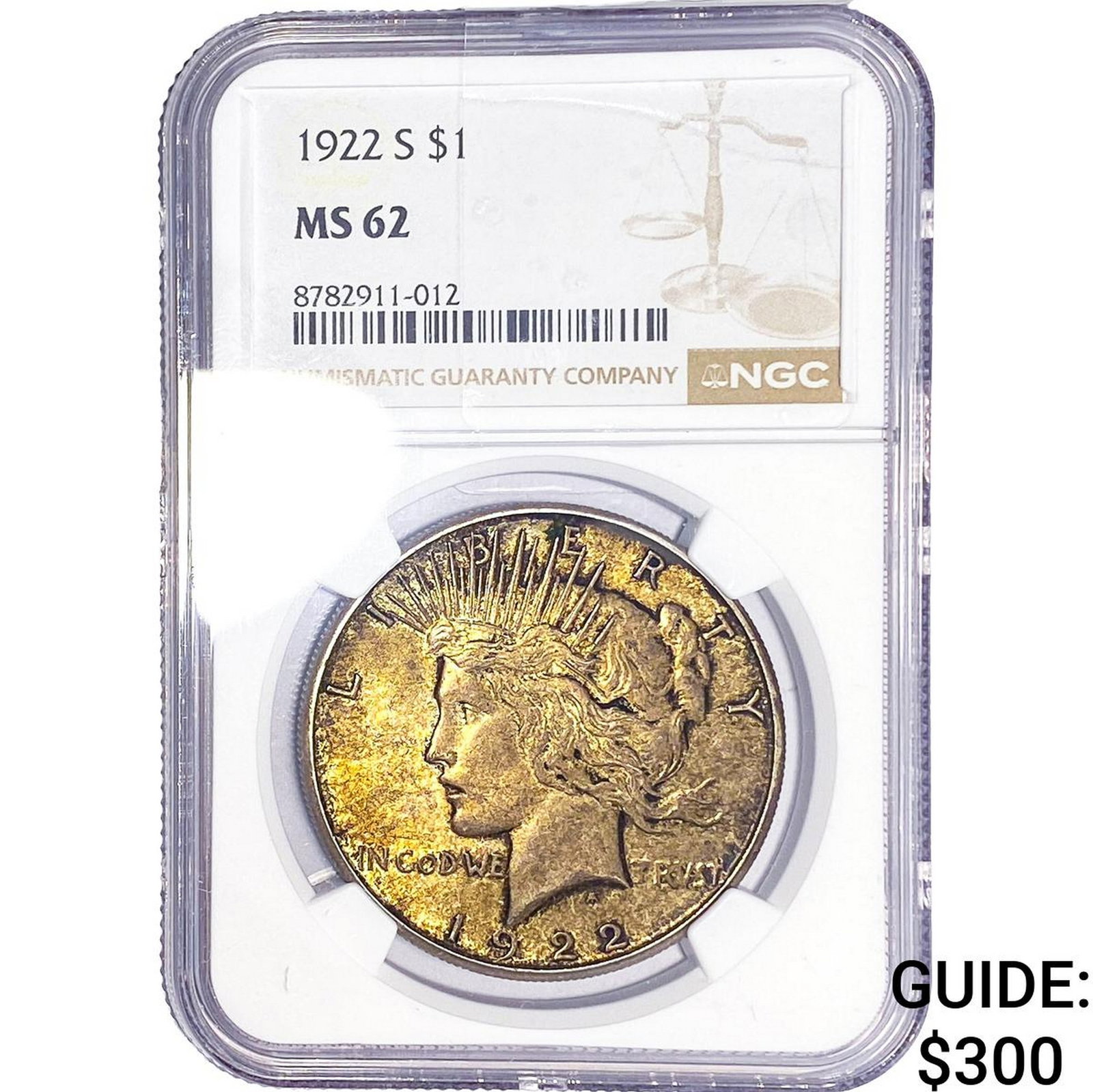 1922-S Silver Peace Dollar NGC MS62: 1922-S Silver Peace Dollar NGC MS62