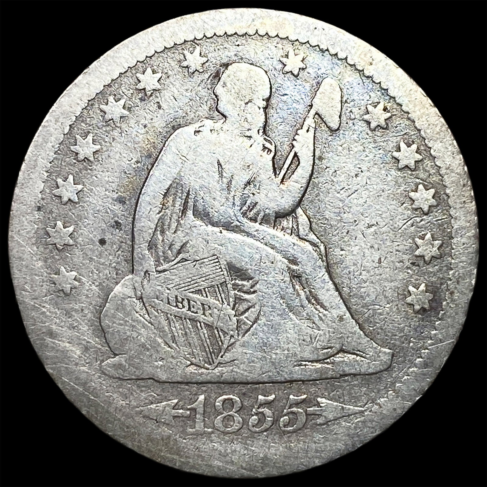 1855 Arrows Seated Liberty Silver Quarter NICELY CIRCULATED: 1855 Arrows Seated Liberty Silver Quarter NICELY CIRCULATED