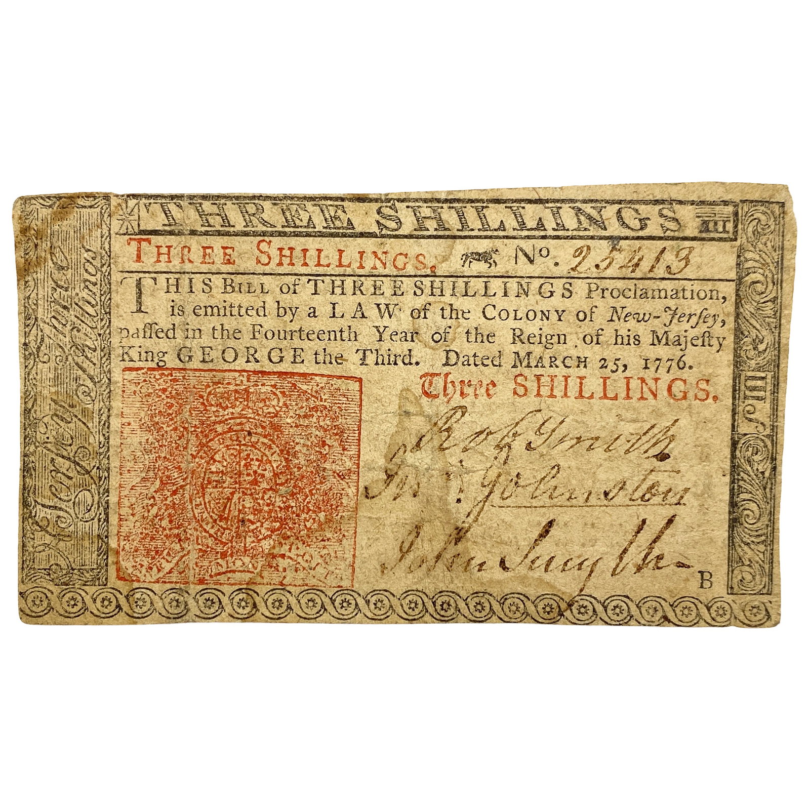 1776 Mar 25, 1776 3 Shillings New Jersey (Fr. NJ177) (1 of 2)