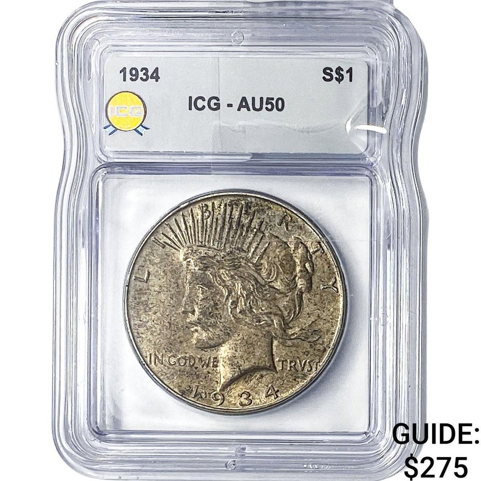 1934 Silver Peace Dollar ICG AU50: 1934 Silver Peace Dollar ICG AU50